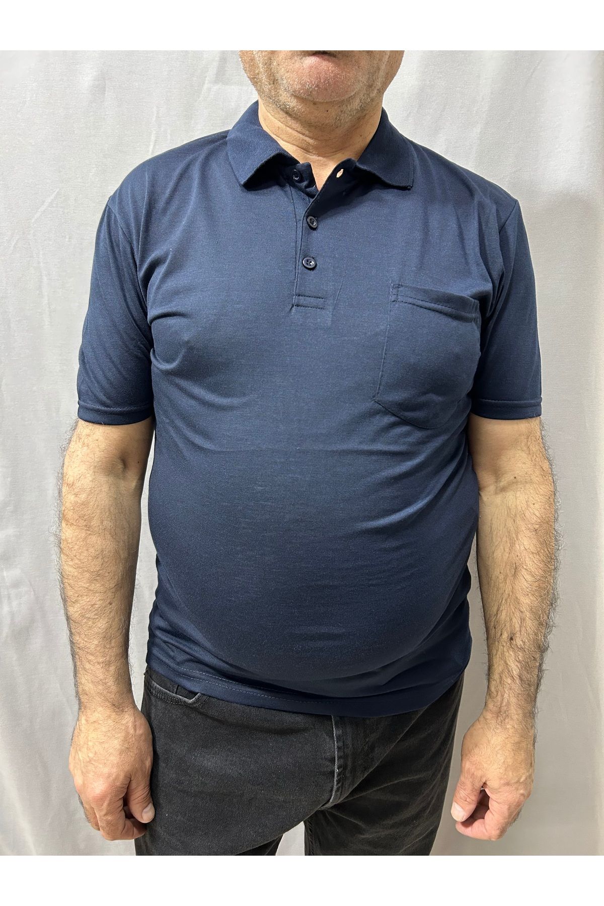 ECALAMODE Yetişkin Erkek Lacivert Polo Yaka Penye Tişört Baba Tişörtü Düz Renk Yazlık