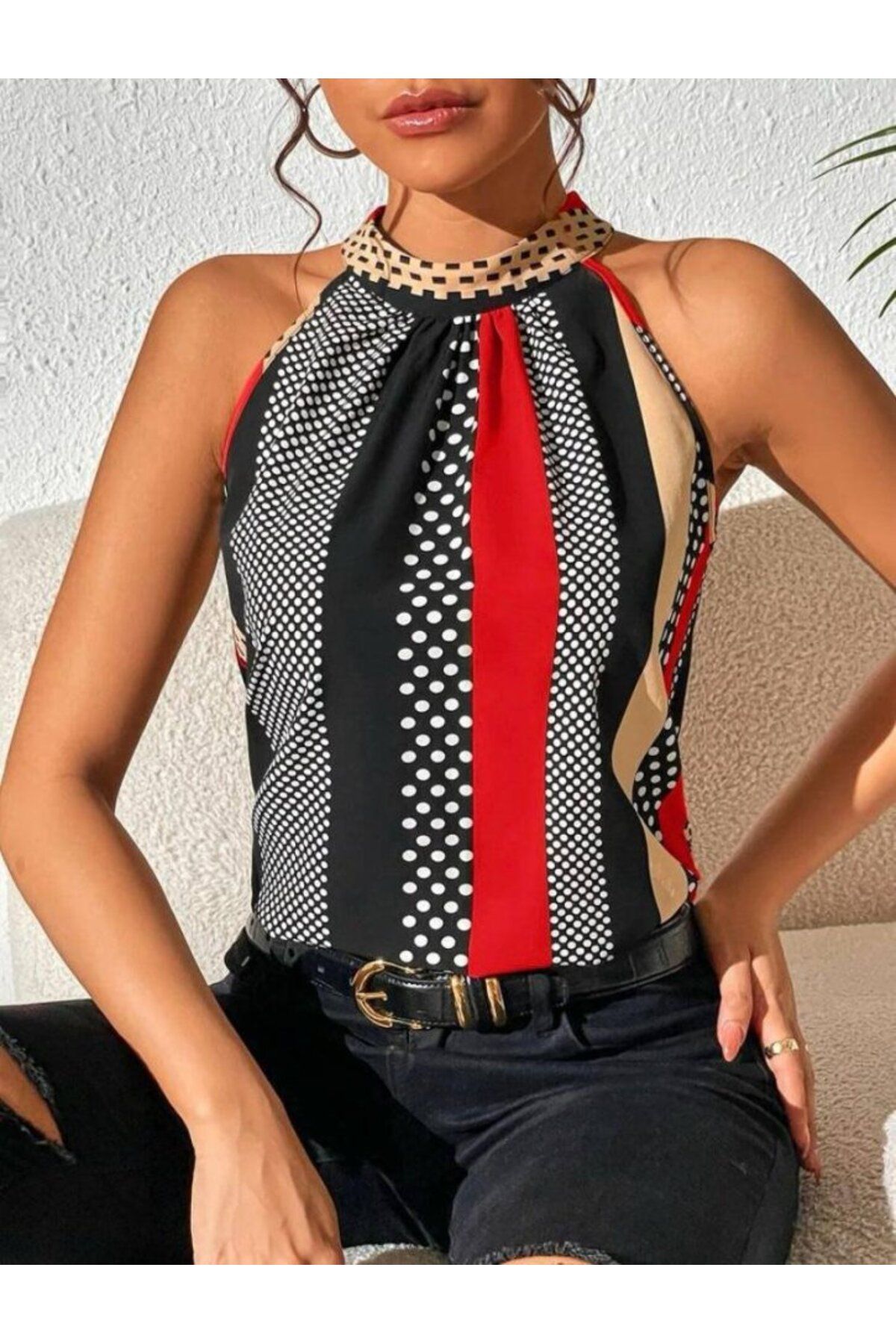 Kokosh moda Kadın Yarım Balıkçı Yaka Kolsuz Mikro Kumaş Bluz – Şık, Desenli, Rahat Kesim