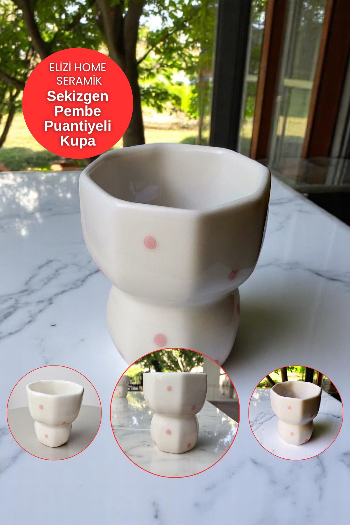 REAY HOME El Yapımı Seramik Pembe Puantiyeli Tasarım Handmade Kupa Sekizgen Tasarım Mug Kupa Fincan
