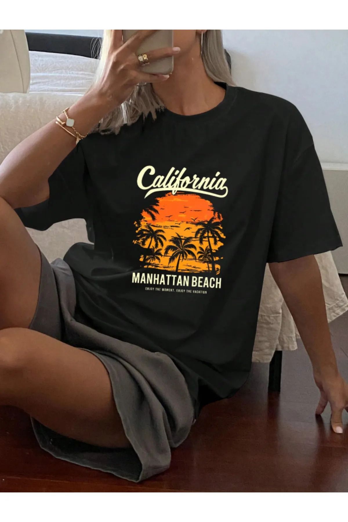 AEMİ Unisex California Baskılı %100 Pamuk Oversize T-Shirt