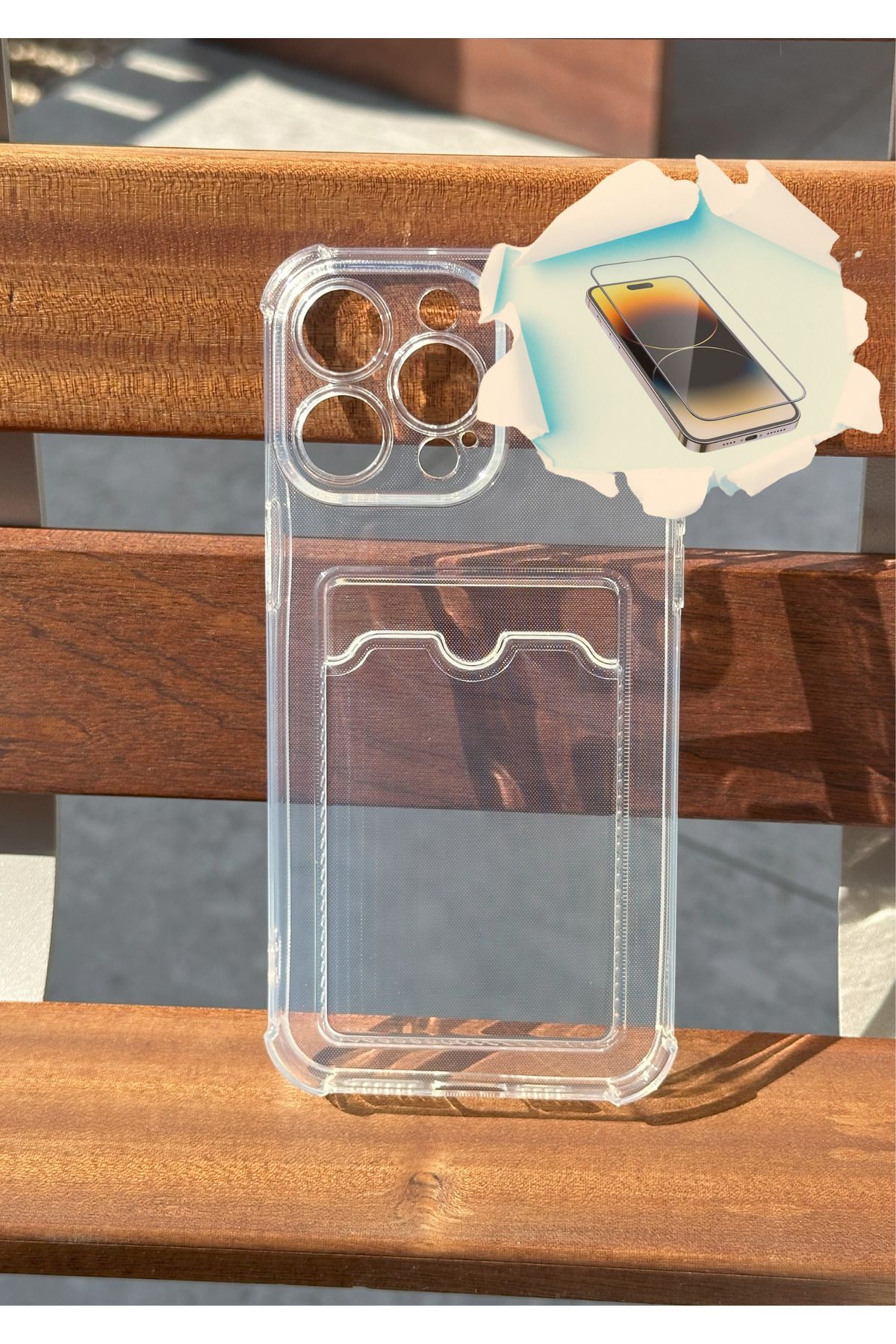 CNL iPhone 15 Pro Max Uyumlu Kamera Korumalı Kartlıklı Şeffaf Darbe Emici Kılıf - Kırılmaz Cam Hediyeli