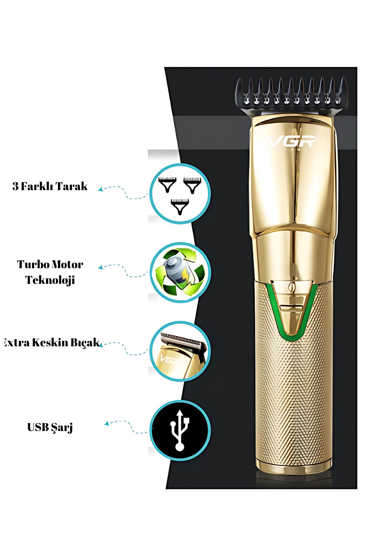Go İthalat Saç ve Sakal Tıraş Makinesi Seti Gold Krom - USB Şarjlı V-903 Tıraş Makinesi