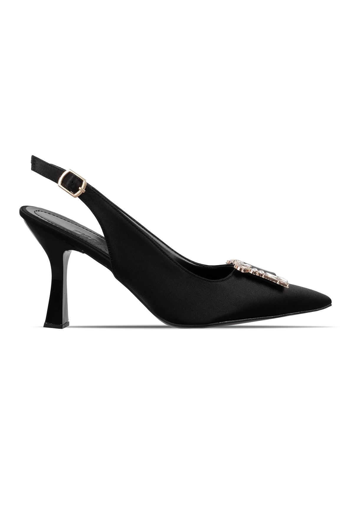 Lal Shoes & Bags Pera Kadın Kare Taş Toka Detaylı Saten Topuklu Ayakkabı-siyah