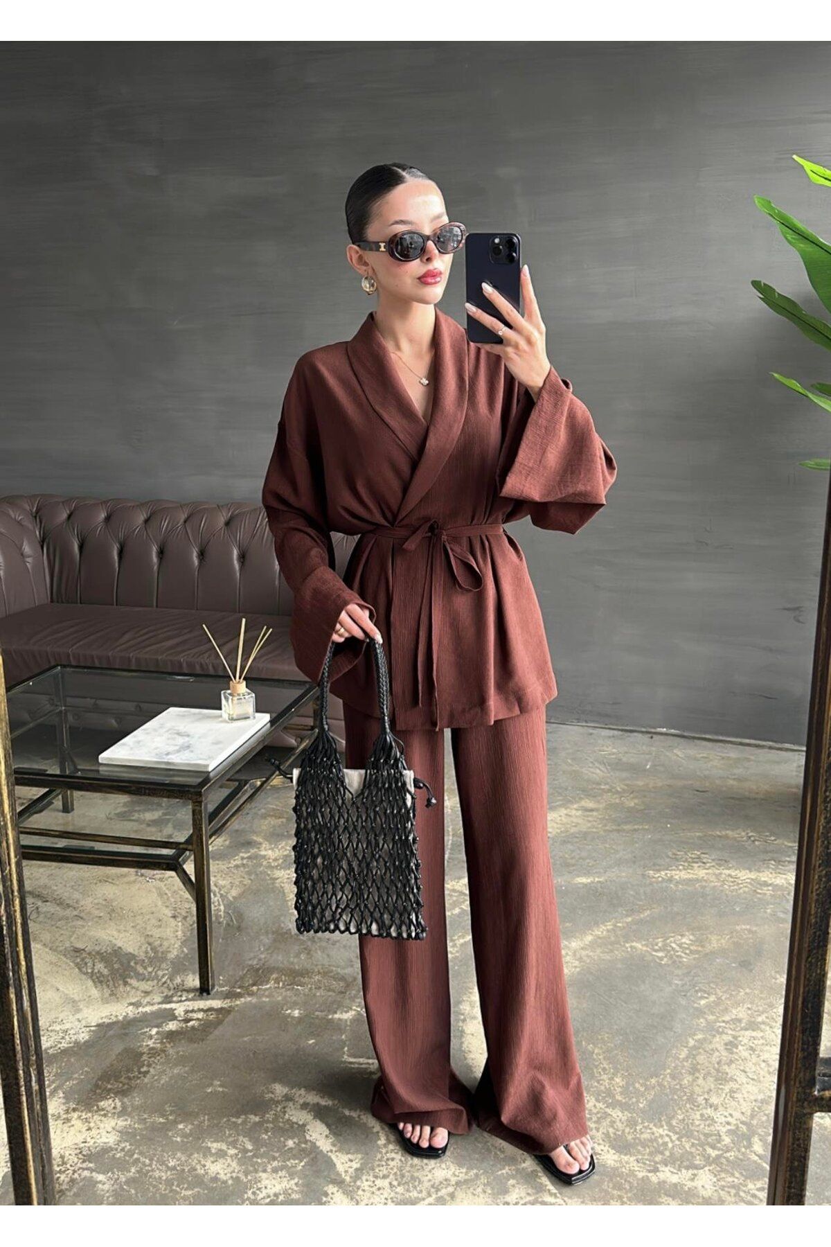 AlisaSu Kadın Şal Yaka Krinkıl Kimono Takım