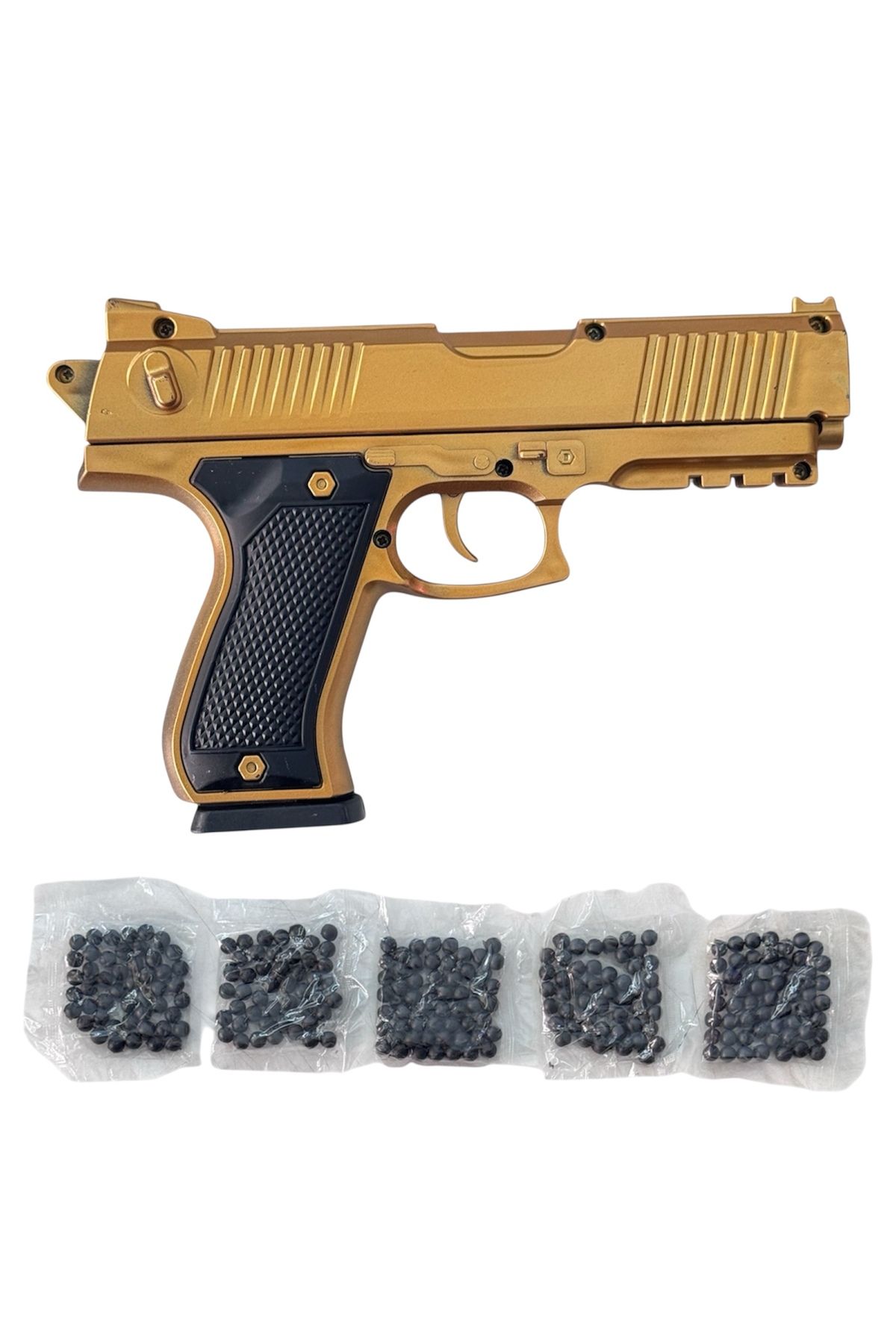 BeraToys Gold Renk Boncuklu Oyuncak Tabanca + 5 Paket Boncuk (250 Adet)