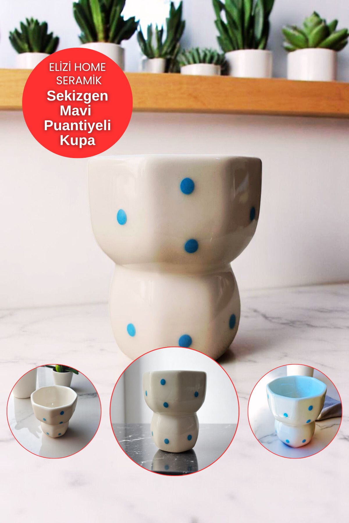REAY HOME El Yapımı Seramik Mavi Puantiyeli Tasarım Handmade Kupa Sekizgen Tasarım Mug Kupa Fincan