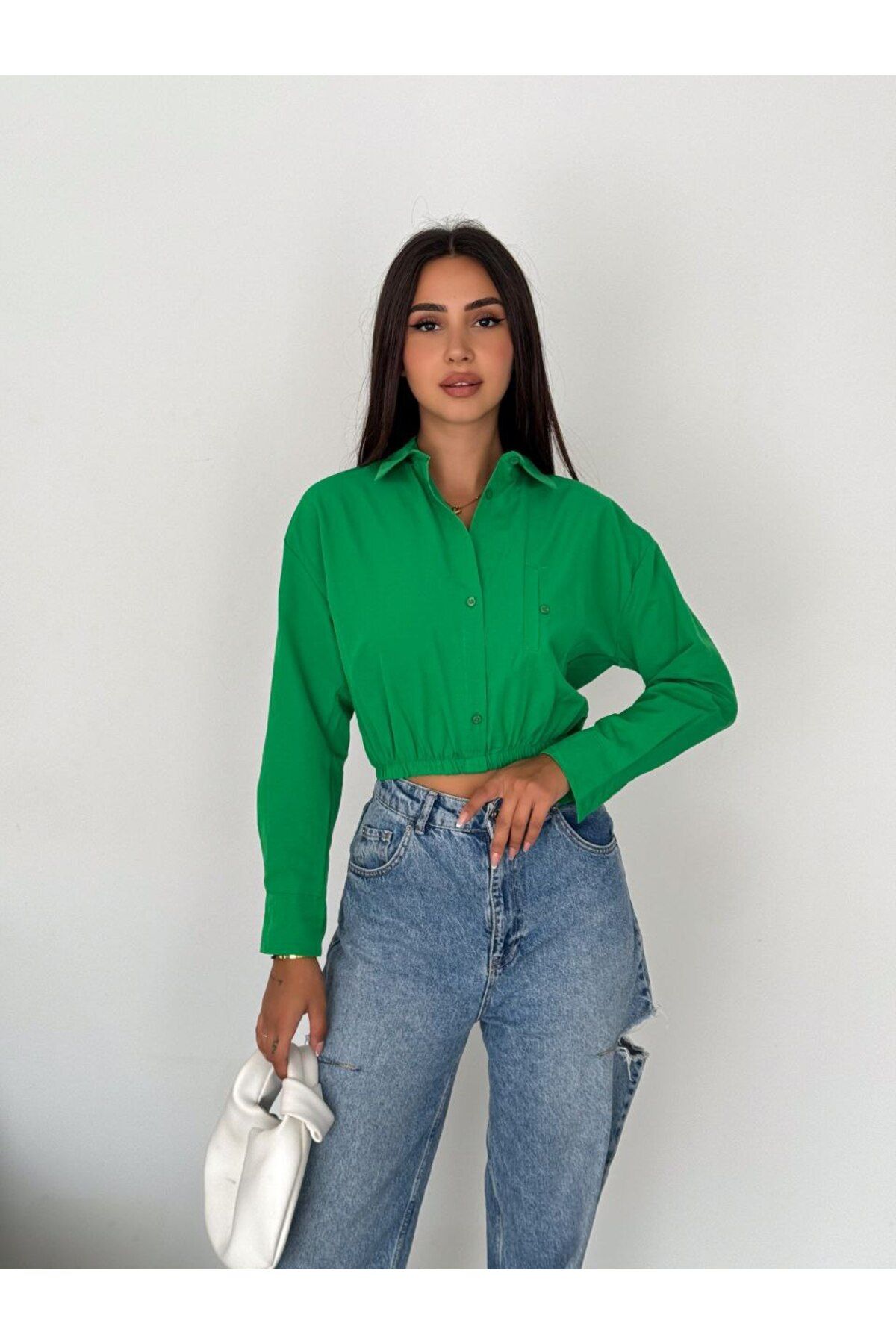 stilsepeti Kadın Yeşil Beli Lastikli Cepli Terry Cotton Crop Gömlek TLL-10003835