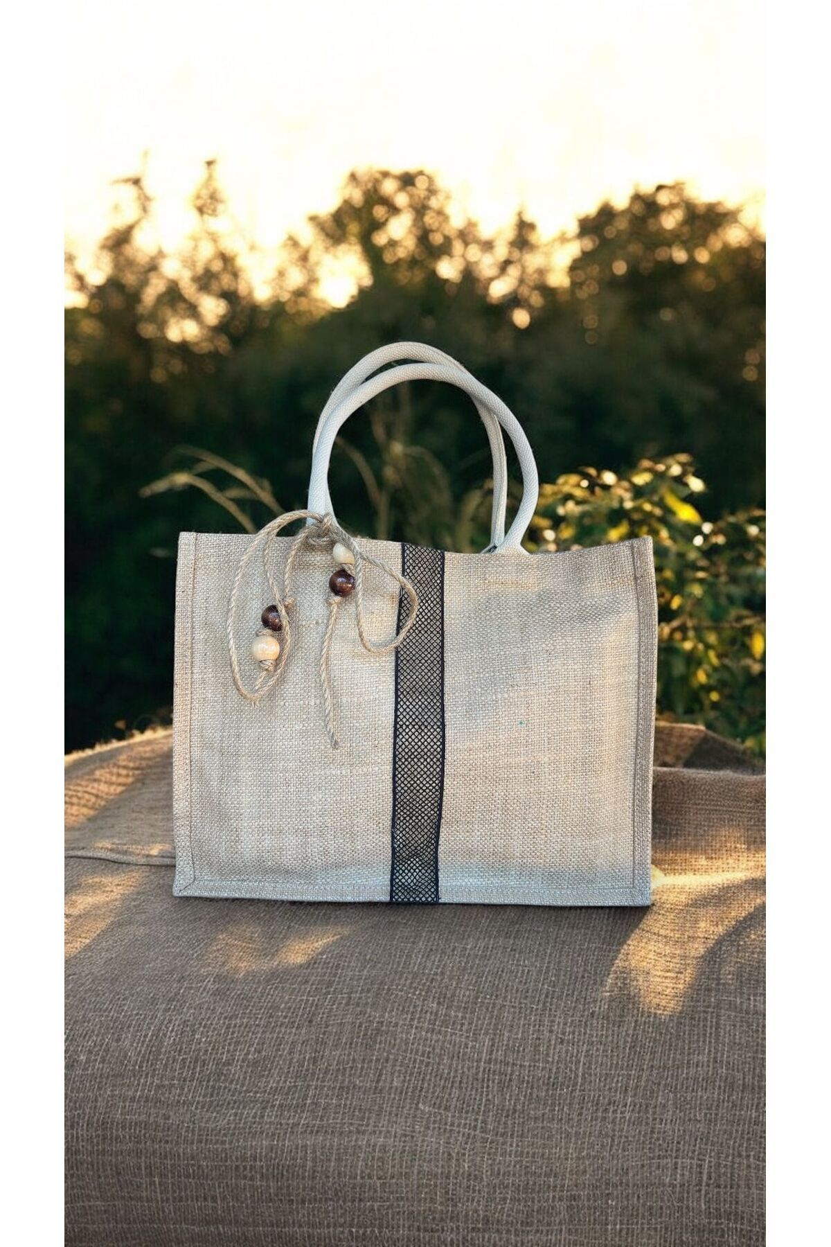 Solène Bag Tote Siyah Dantel Şeritli Jüt Doğal Çanta -Plaj Çantası