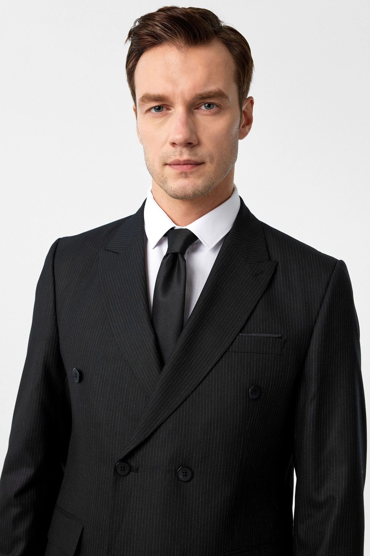 SÜVARİ-Μαύρο κοστούμι Cavalier Slim Fit 6 Drop Stripes με διπλό στήθος 3