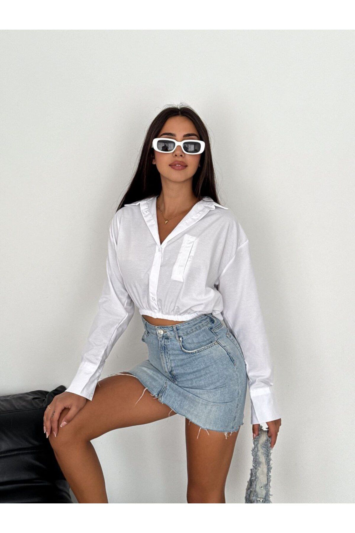 stilsepeti Kadın Beyaz Beli Lastikli Cepli Terry Cotton Crop Gömlek TLL-10003835