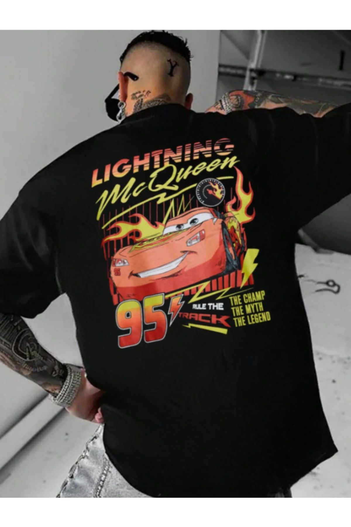 AEMİ Unisex Mcqueen Sırt Baskılı Oversize Bisiklet Yaka T-shirt