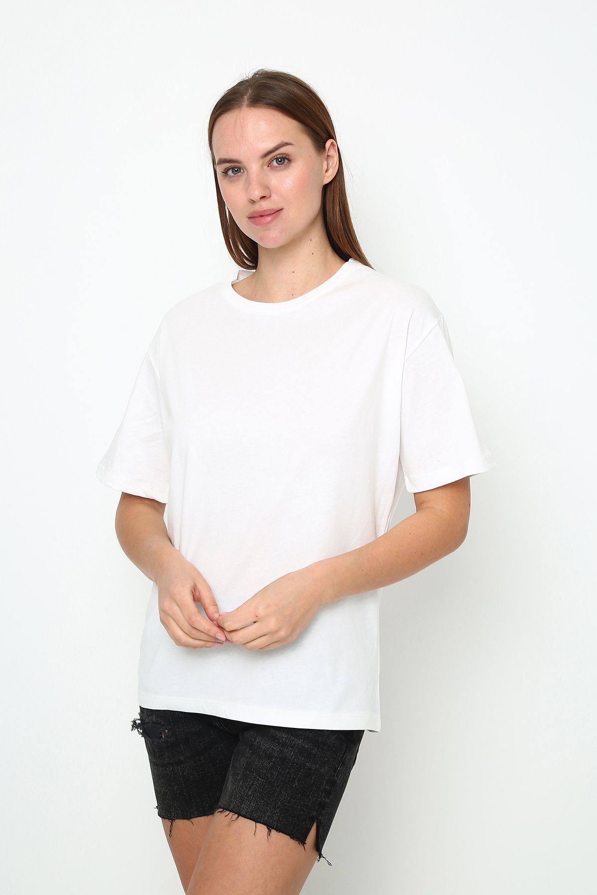 Chef d'atelier Kadın Oversize Baskısız Bisiklet Yaka T-shirt