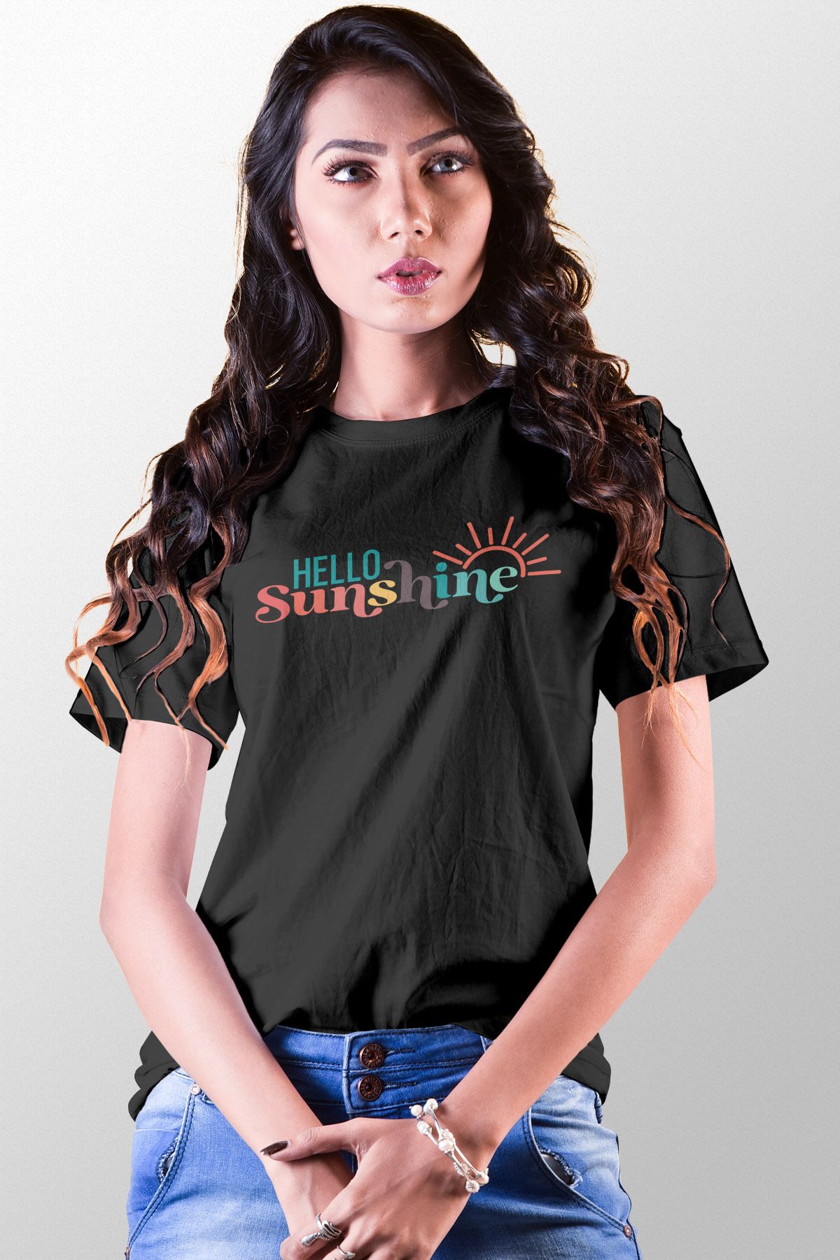 qoeuyl boutique Hello Sunshine Baskılı Unisex Regular Fit Pamuklu Siyah Tişört