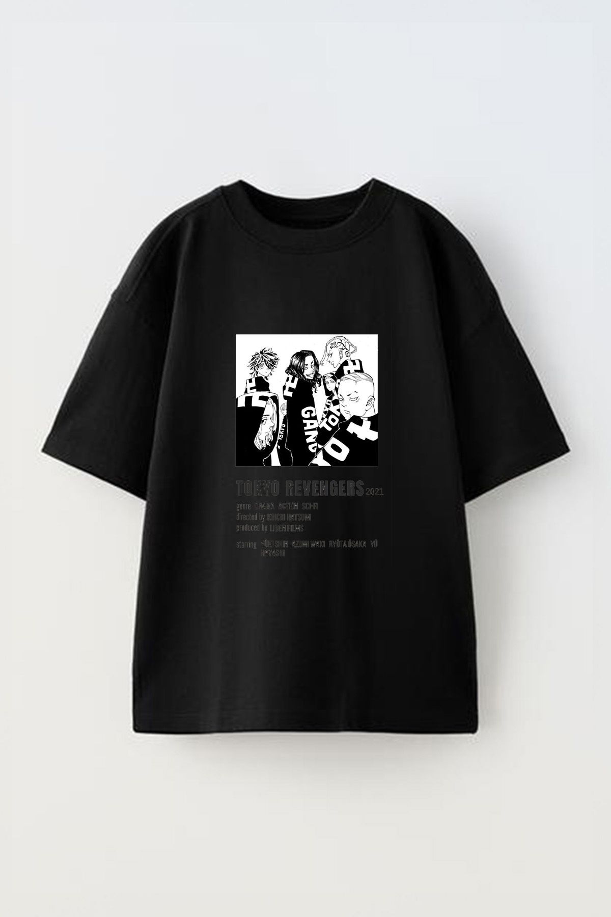 Anetos Tokyo Revengers Ön Baskılı Pamuk Siyah Oversize T-shirt