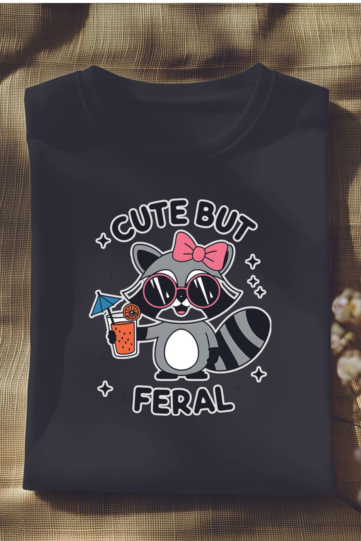 qoeuyl boutique Cute But Feral Baskılı Unisex Regular Fit Pamuklu Siyah Tişört
