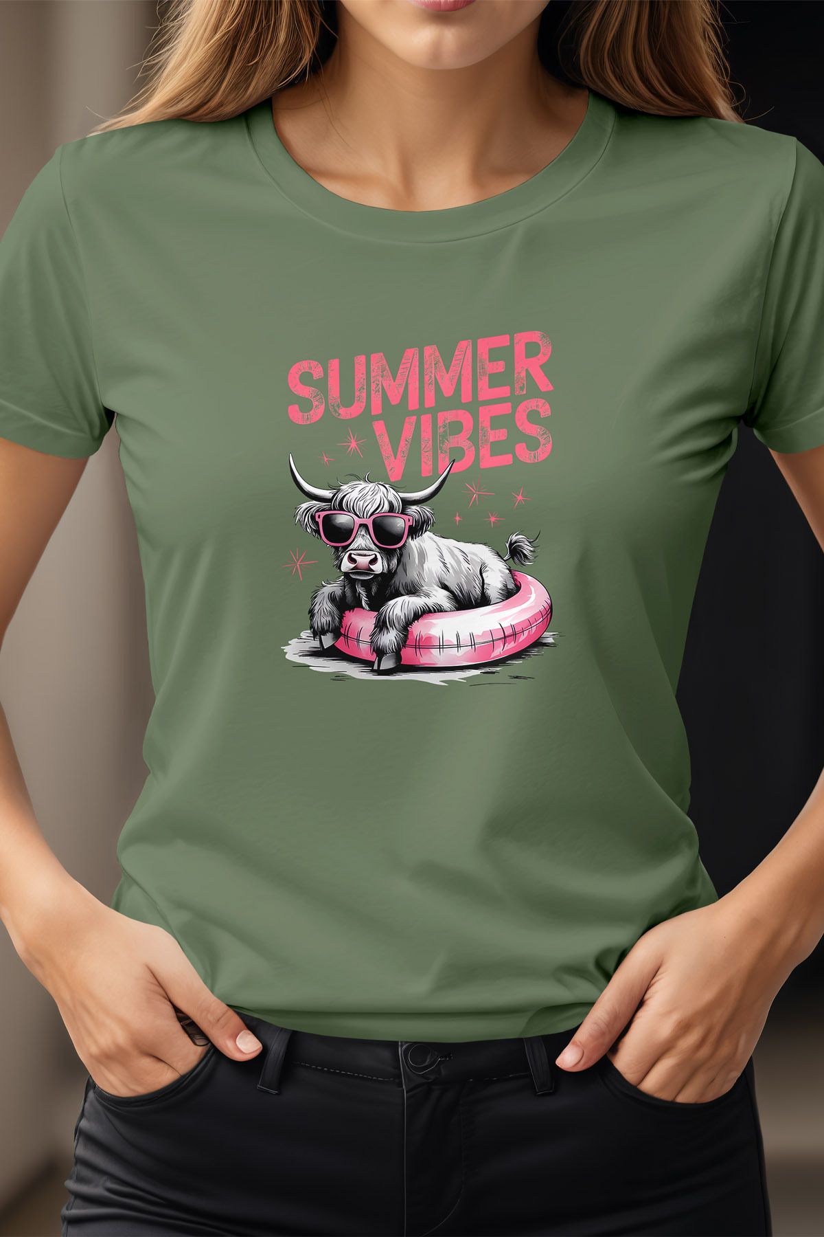 qoeuyl boutique Summer Vibes Cow Baskılı Unisex Regular Fit Pamuklu Yeşil Tişört