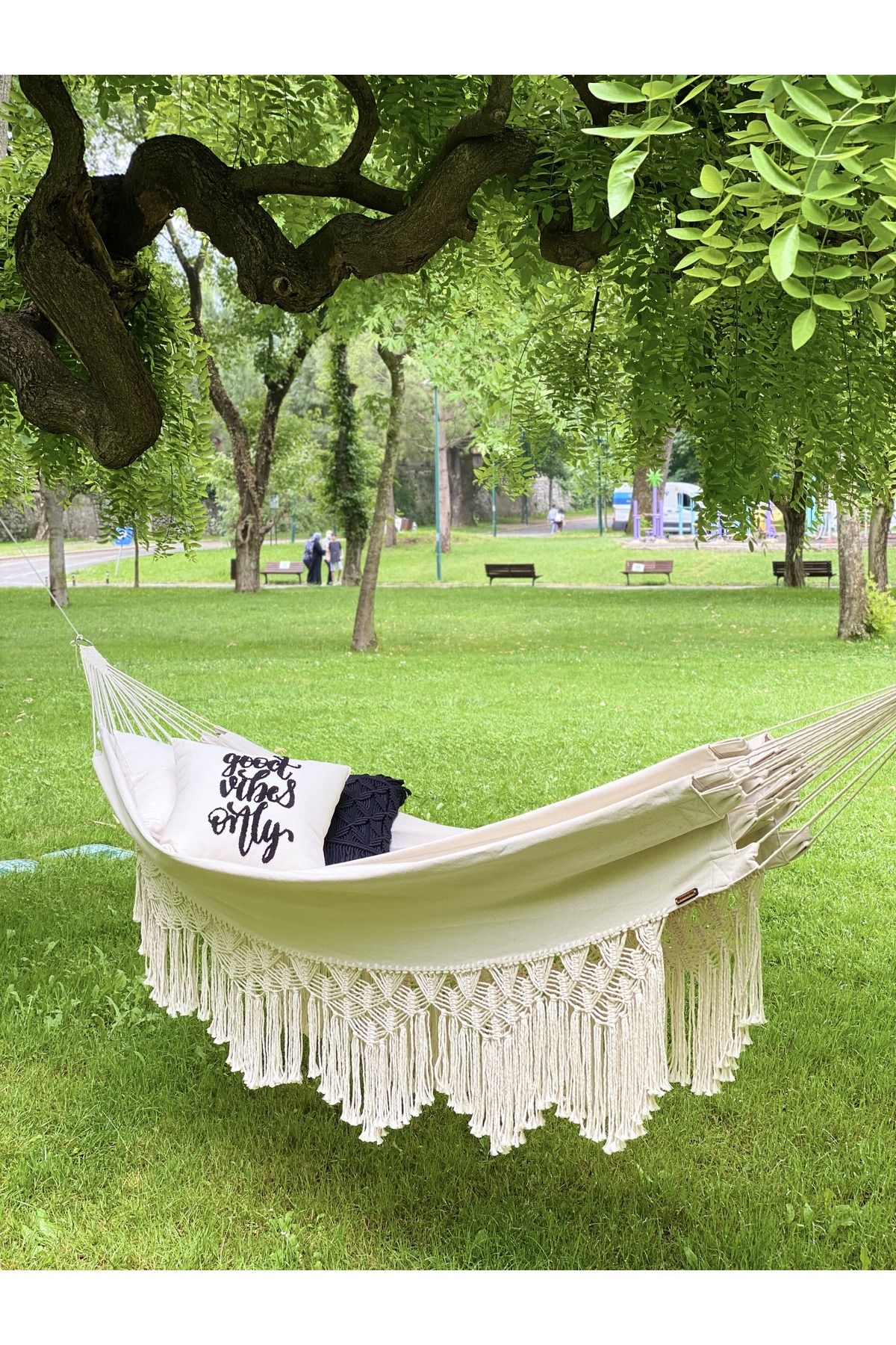 shop Makrome Detaylı %100 Pamuklu Keten Kumaş Hamak