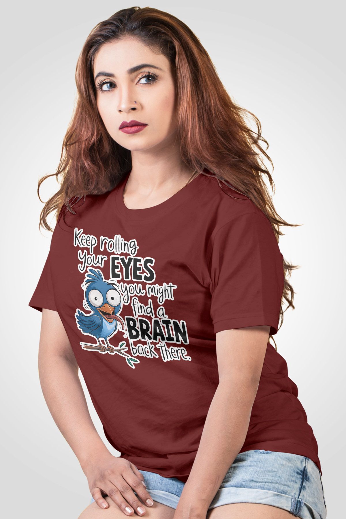 qoeuyl boutique Keep Rolling Your Eyes Sarkastik Baskılı Unisex Regular Fit Pamuklu Bordo Tişört