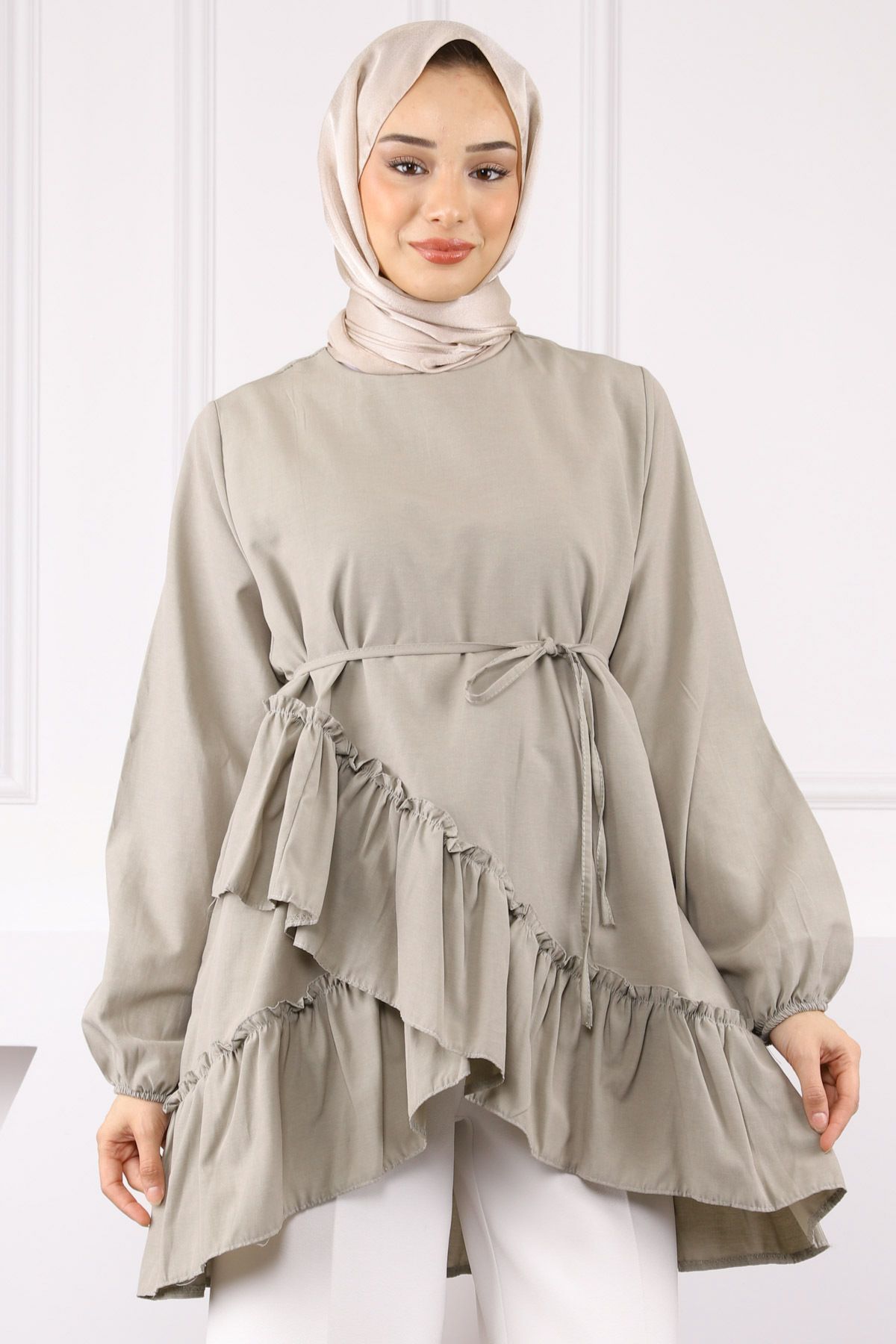 İmajButik Haki Eteği Katlı Fırfırlı Tunik