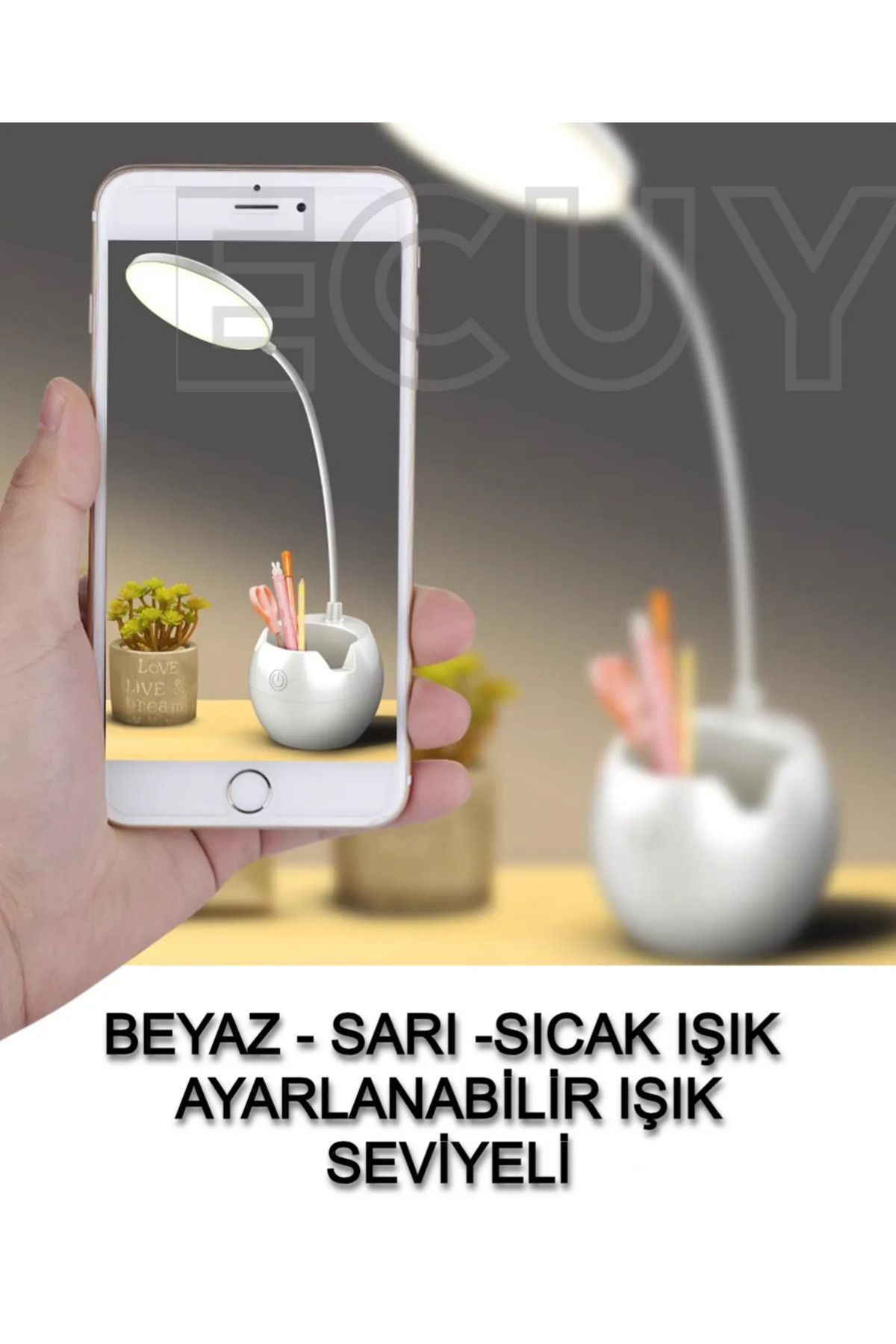Home Şarjlı Dokunmatik Masa Lambası – 3 Işık Tonlu, Kalemlik Ve Telefon Standlı Çalışma Masa Lambası