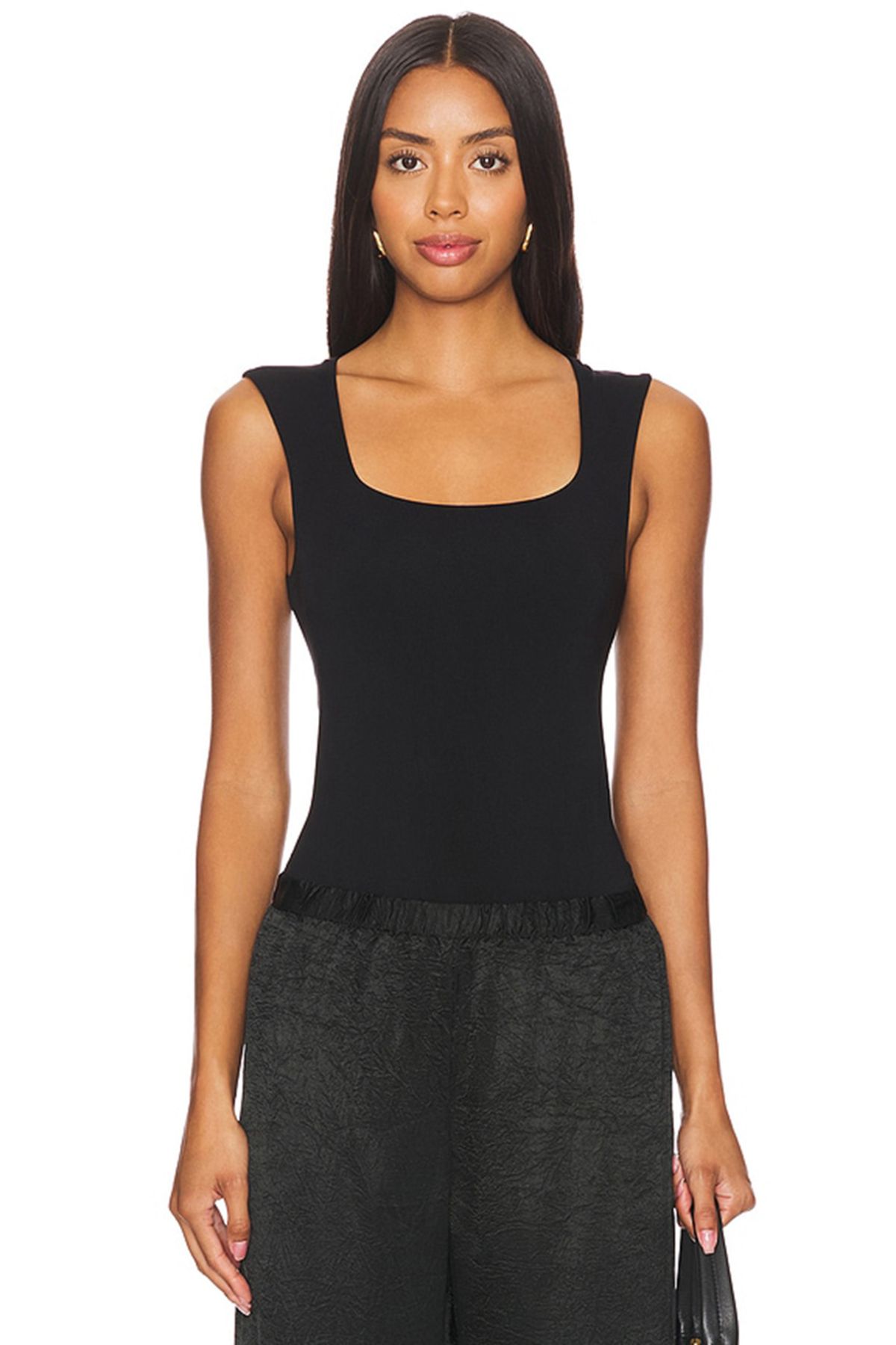 AFR CLOTHES KADIN YAZLIK SİYAH KARE YAKA ÇITÇITLI BODY, ÇİFT KAT JARSE KUMAŞ