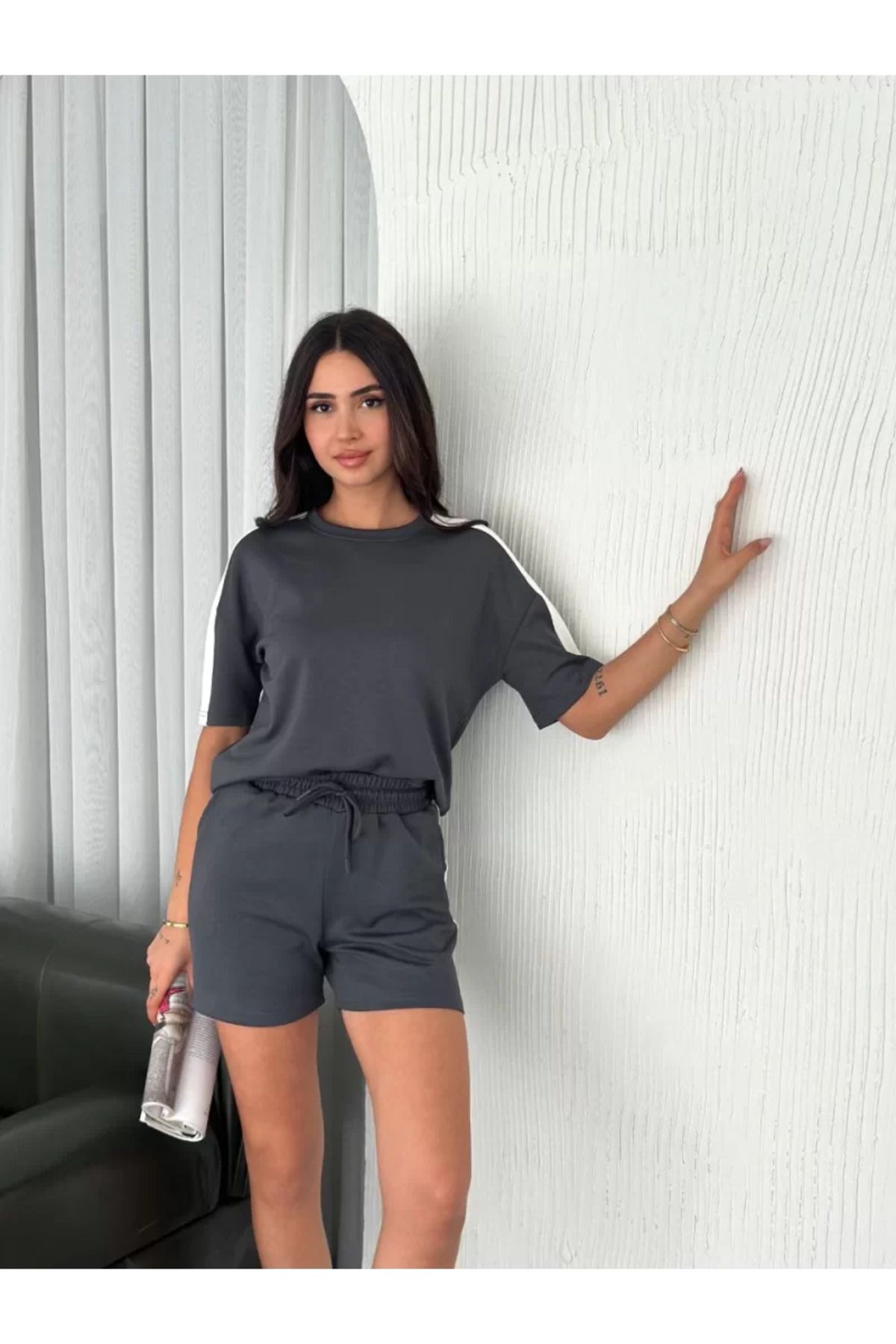Flaubert /2pc yumuşak dokulu Kumaş Kadın Parçalı Bisiklet Yaka T-shirt Kısa Şort İkili Takım