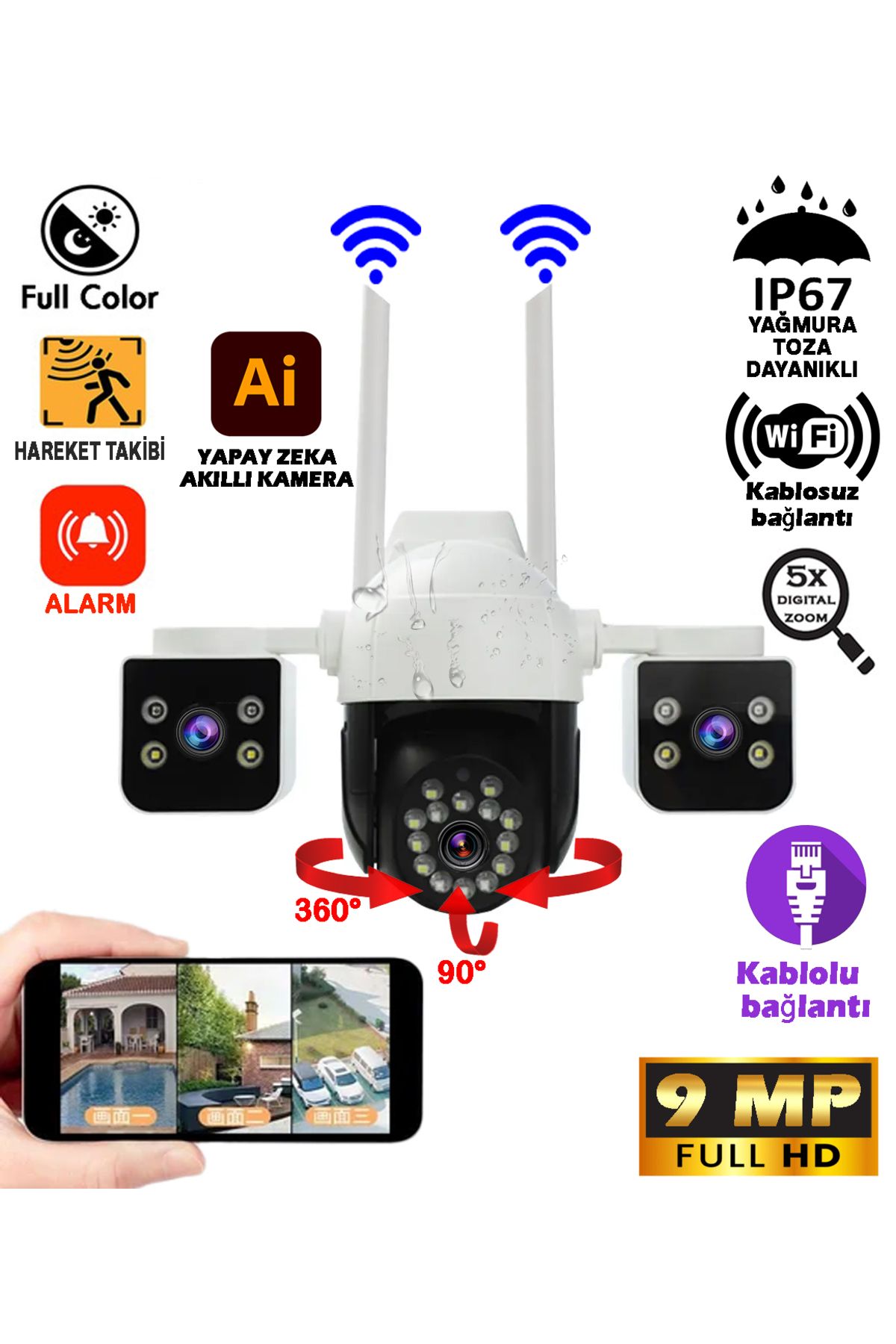 Venas 3 Kameralı 9MP Full HD Hareketli intercom lu Kablosuz Wifi Yeni Nesil Güvenlik Kamerası