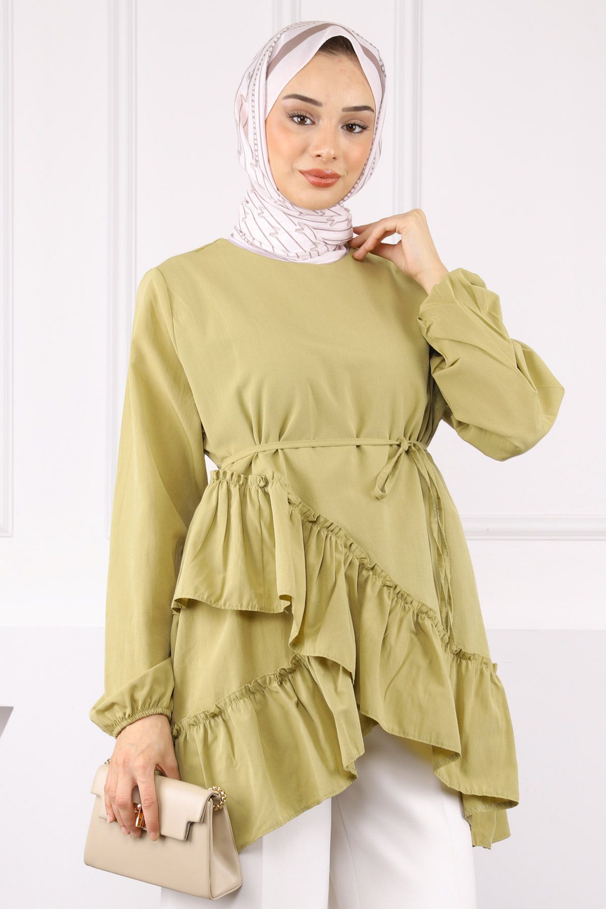 İmajButik Yağ Yeşili Eteği Katlı Fırfırlı Tunik