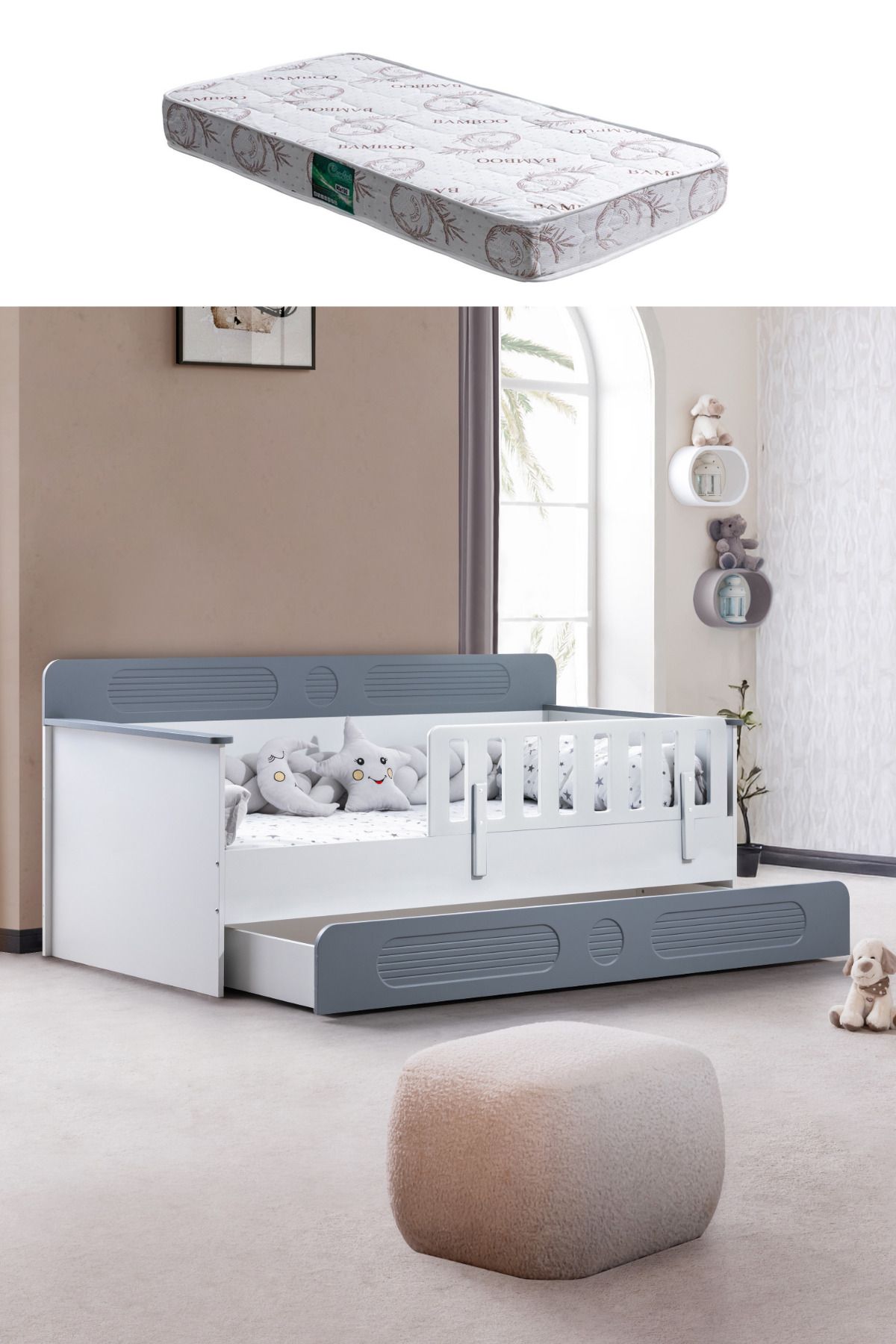 Setay Yavrulu Karyola, Flora Yavrulu Montessori Karyola - Gri + 1 Adet Comfort Yatak
