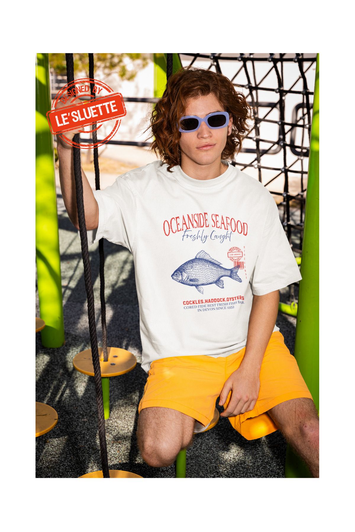 Le'sluette shadow of style Erkek OceanSea (Balık) Baskılı Oversize %100 Pamuk T-shirt