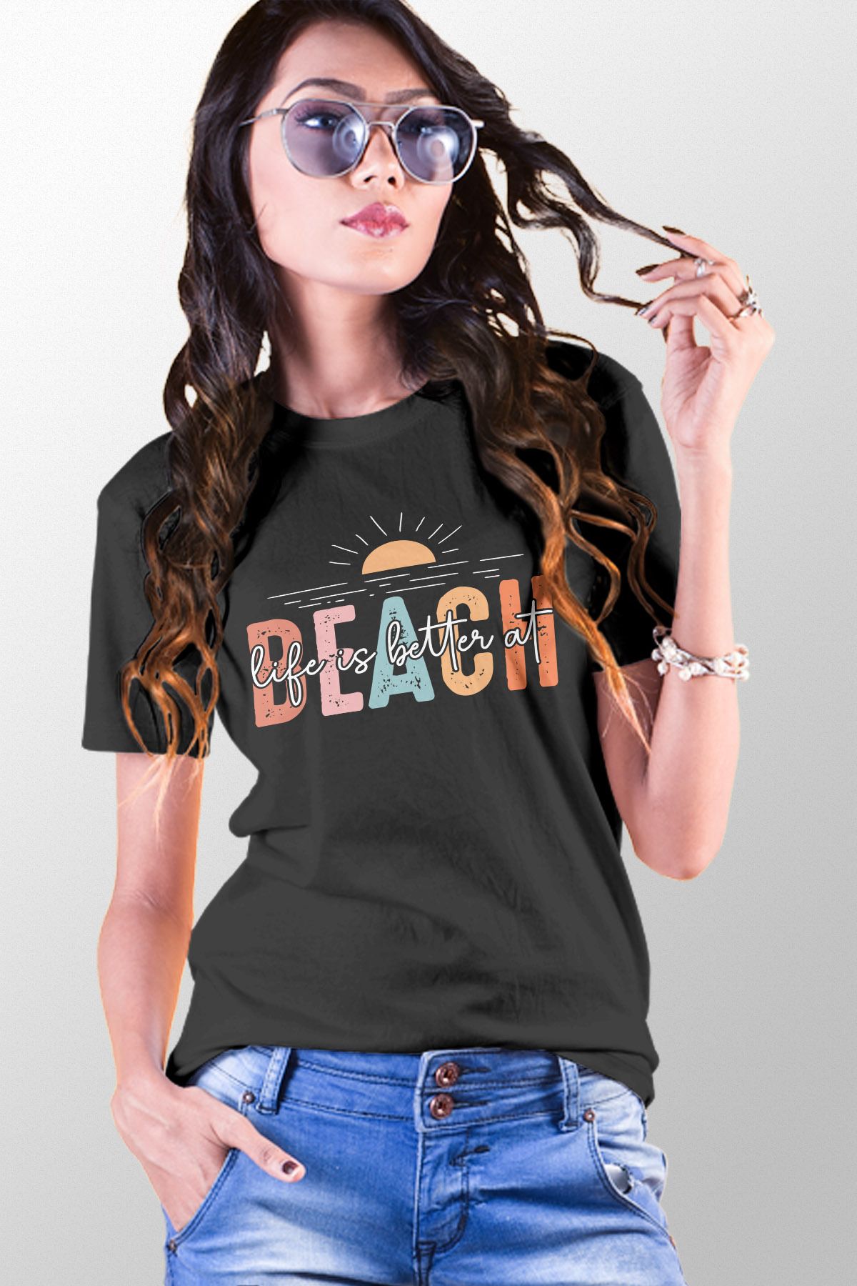 qoeuyl boutique Life İs Better At Beach Baskılıyaz Temalı Unisex Regular Fit Pamuklu Siyah Tişört