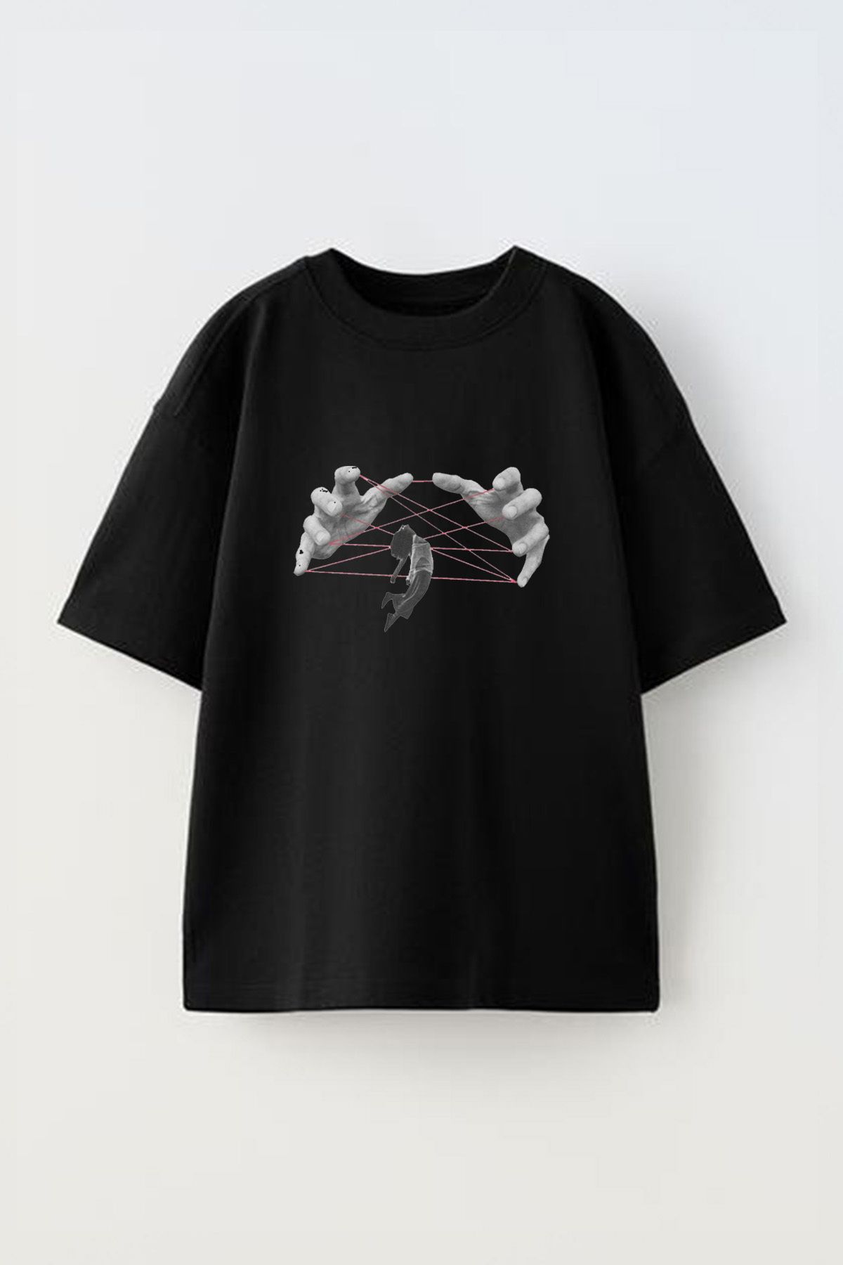 Anetos Hand Human Ön Baskılı Pamuk Siyah Oversize T-shirt