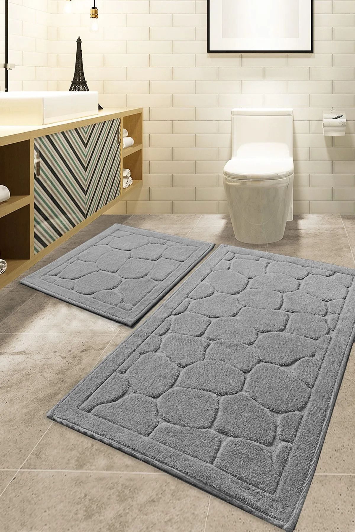 Çelsa Home Pamuklu 2'li Banyo Paspas Takımı Taş Desen Gri