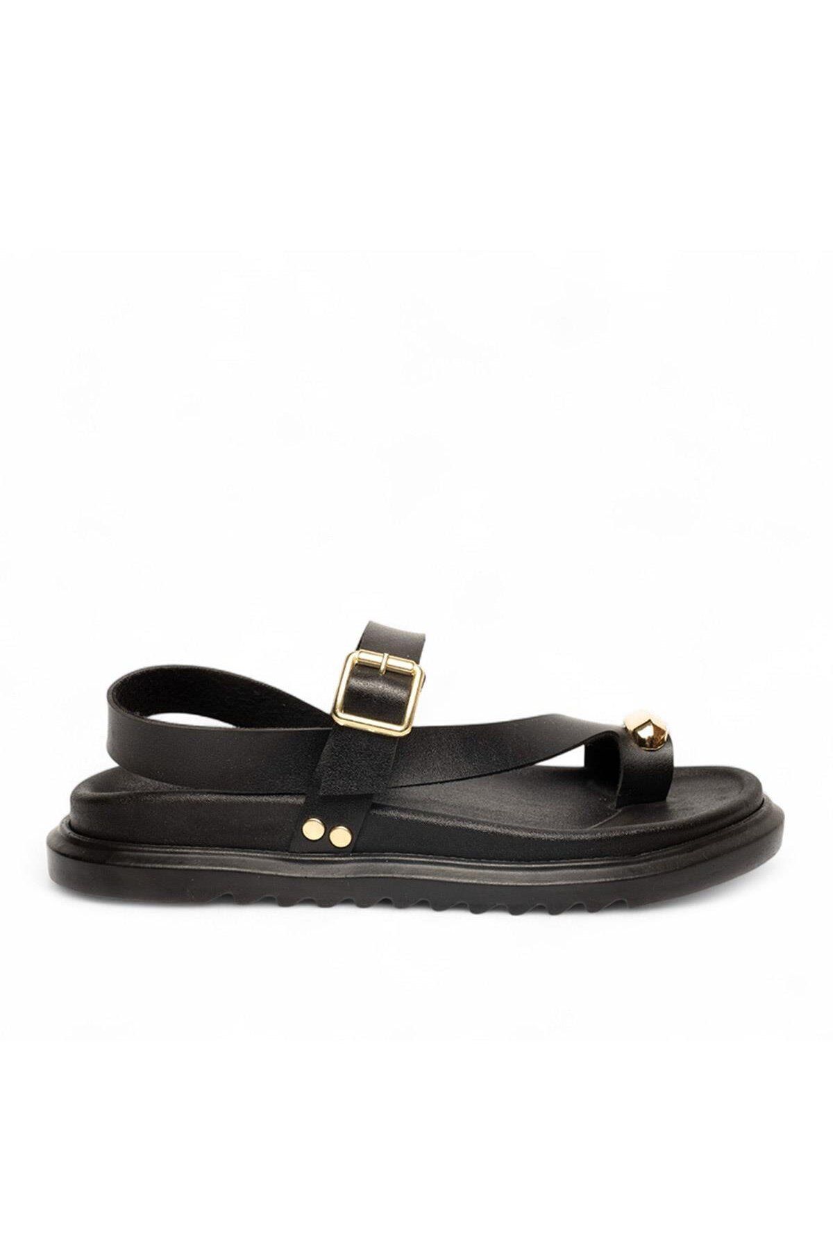 palatti shoes Kadın Günlük Gold Yüzük Ve Toka Detaylı Parmak Arası Sandalet