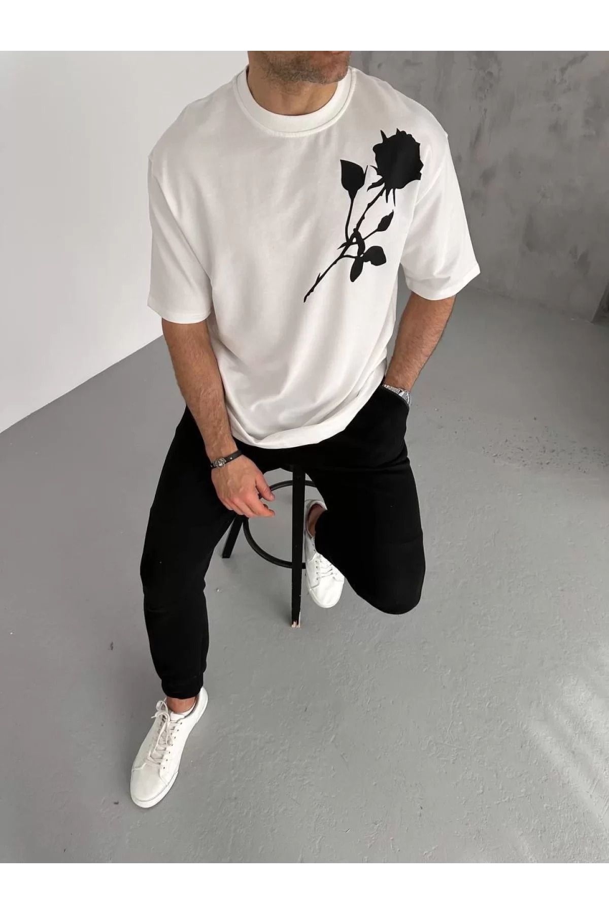 İndigo Park Erkek tişört Unisex Bisiklet Yaka Baskılı Oversize T-Shirt