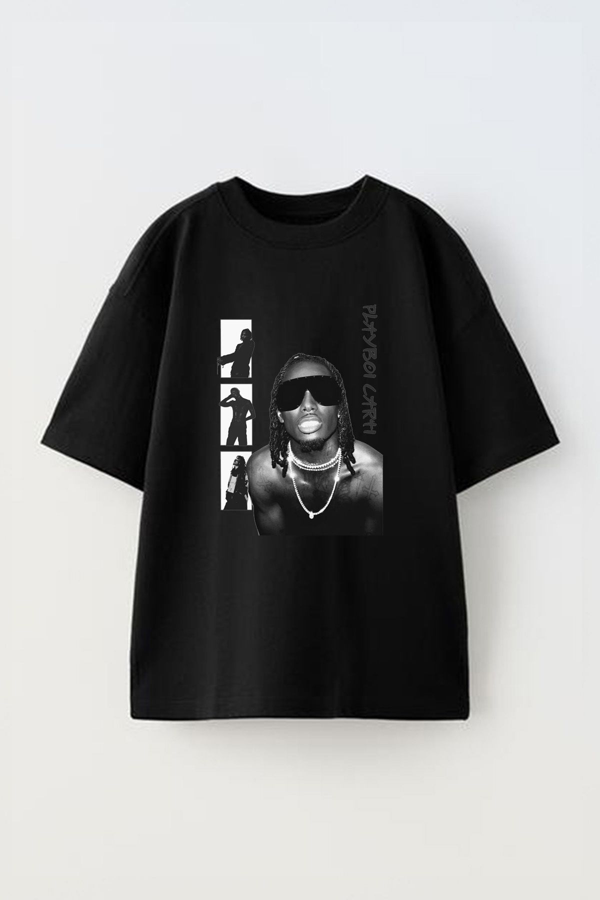 Anetos Playboı Cartı Ön Baskılı Pamuk Siyah Oversize T-shirt