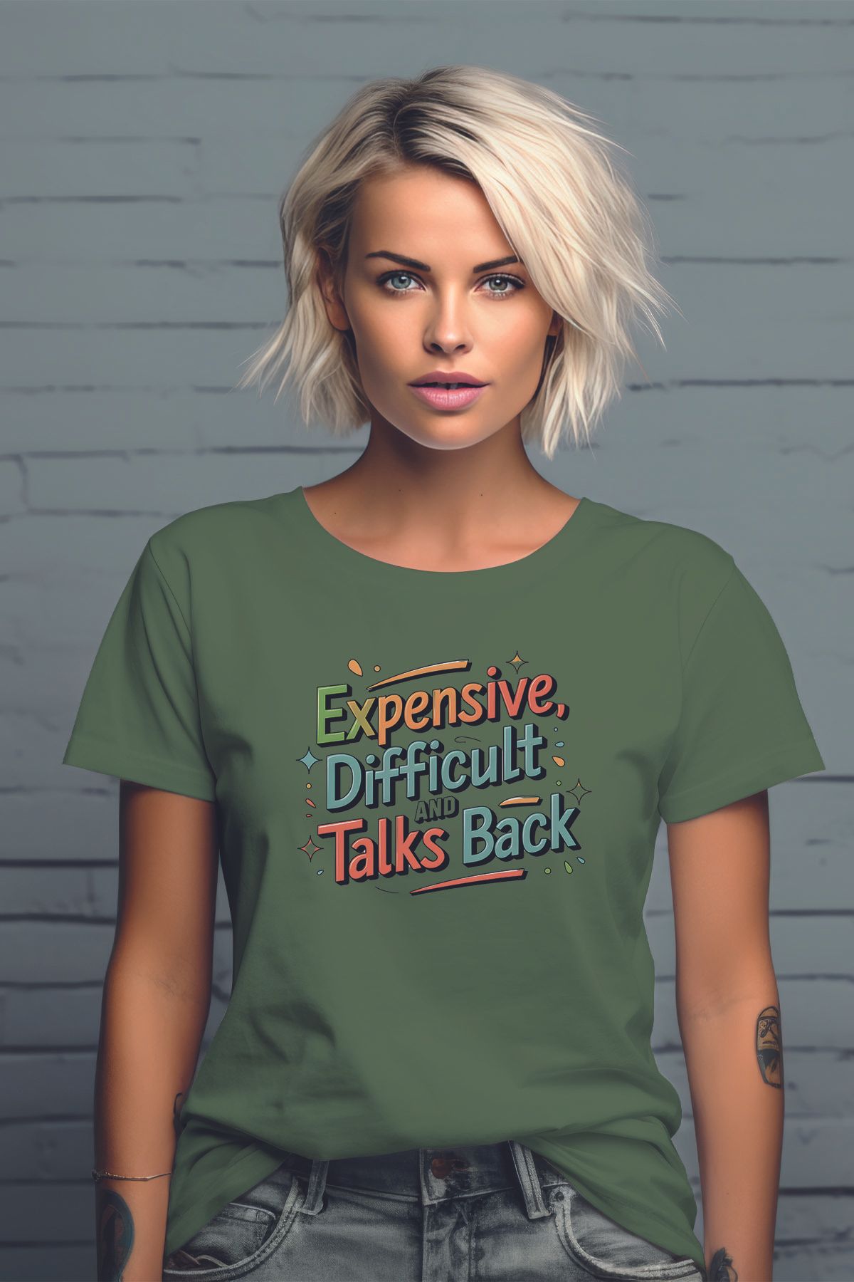 qoeuyl boutique Expensive Difficult And Talks Baskılı Unisex Regular Fit Pamuklu Yeşil Tişört
