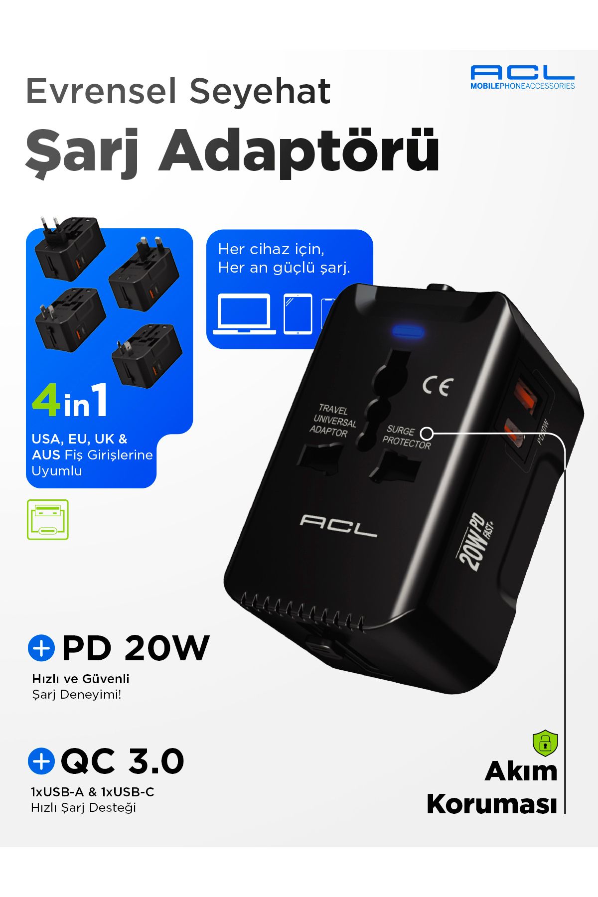 ACL Ac-114 Evrensel Seyahat Şarj Adaptörü | 4in1 Çoklu Fiş Uyumu | 20w Pd & Qc3.0 Hızlı Şarj | Usb-c