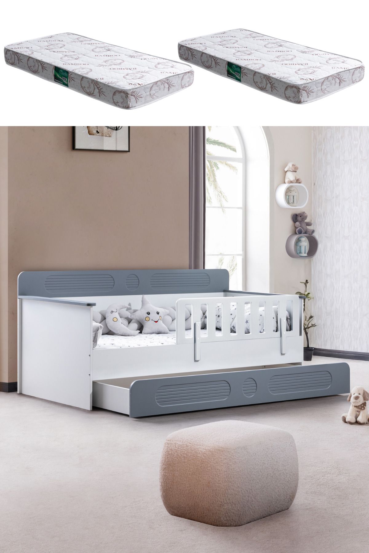 Setay Yavrulu Karyola, Flora Yavrulu Montessori Karyola - Gri + 2 Adet Comfort Yatak