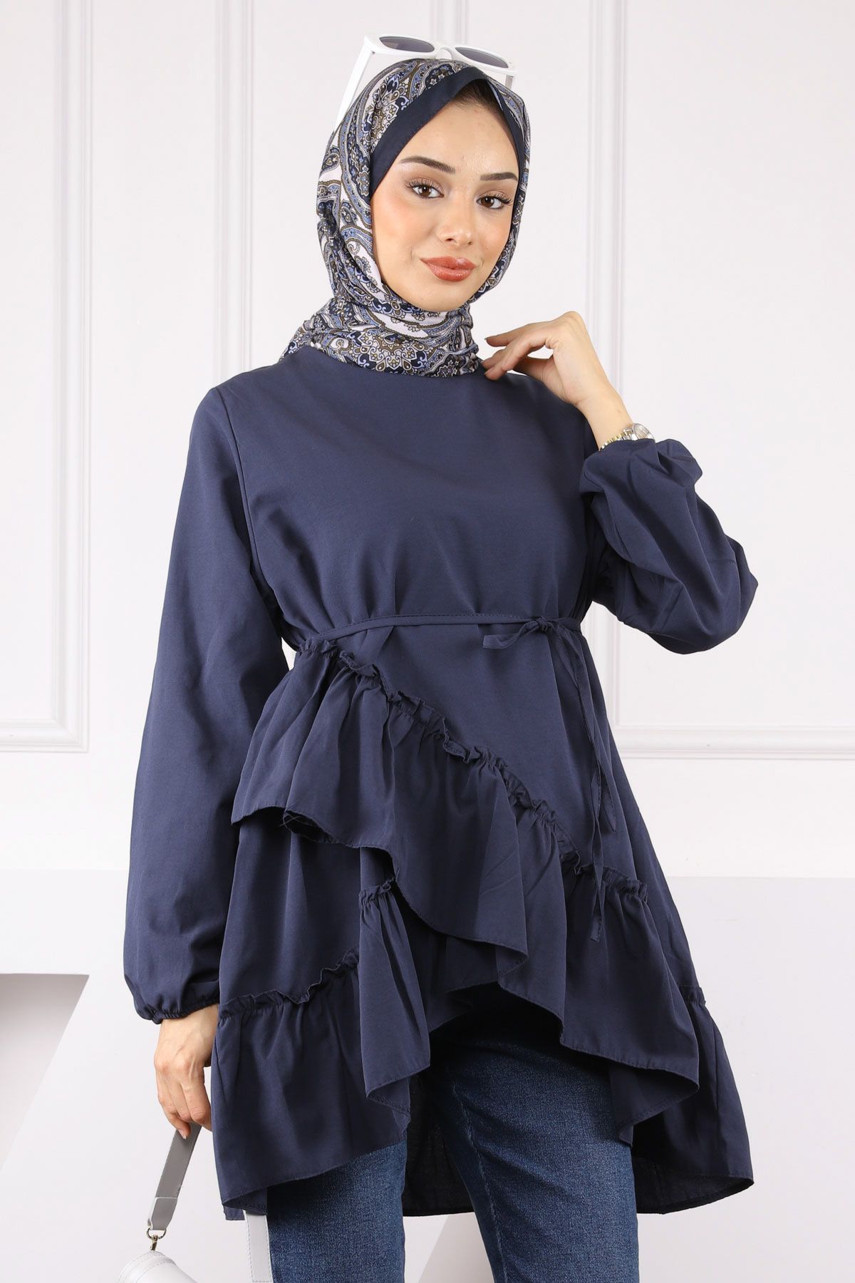 İmajButik Lacivert Eteği Katlı Fırfırlı Tunik