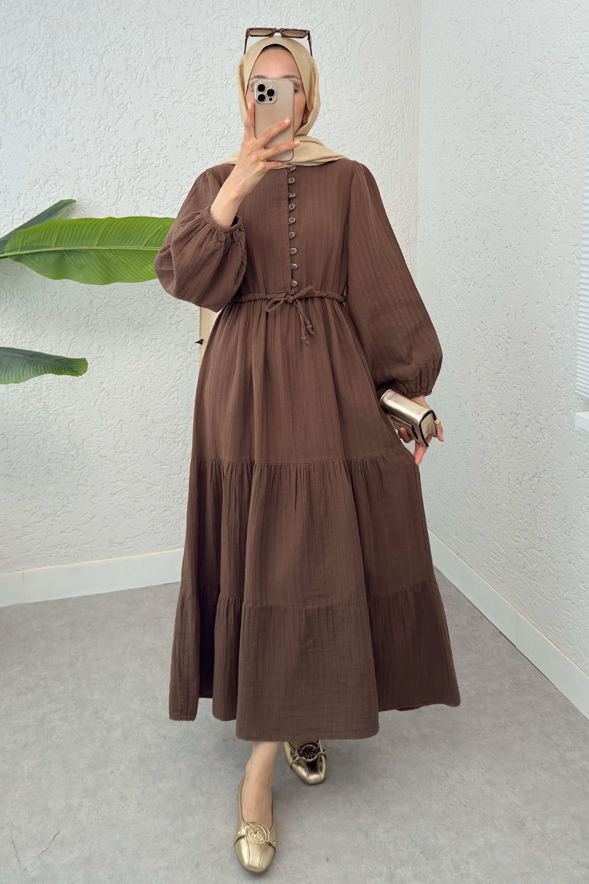 ALLMİRA FASHION Birit Düğme Detaylı Keten Elbise