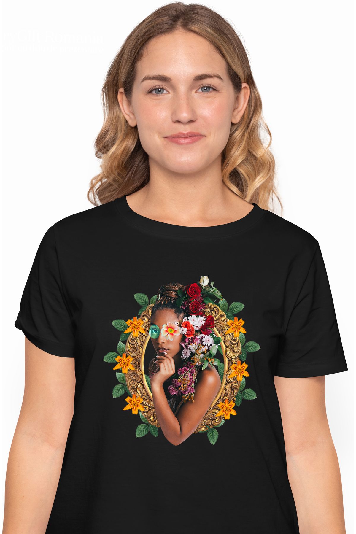 StoryGift Romania Tricou Femei Cu Rama, Portret, Femeie, Flori, Ochelari De Soare, Abstract, Multi Blk_xs Femeie - S