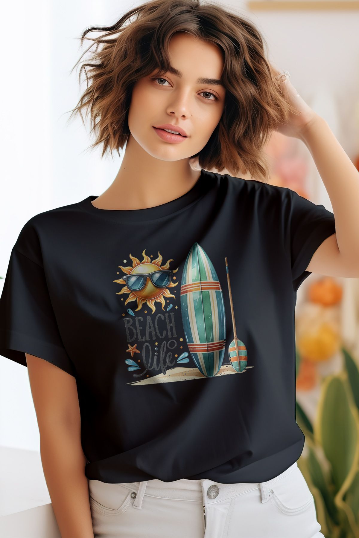 qoeuyl boutique Beach Life Baskılıyaz Temalı Unisex Regular Fit Pamuklu Siyah Tişört
