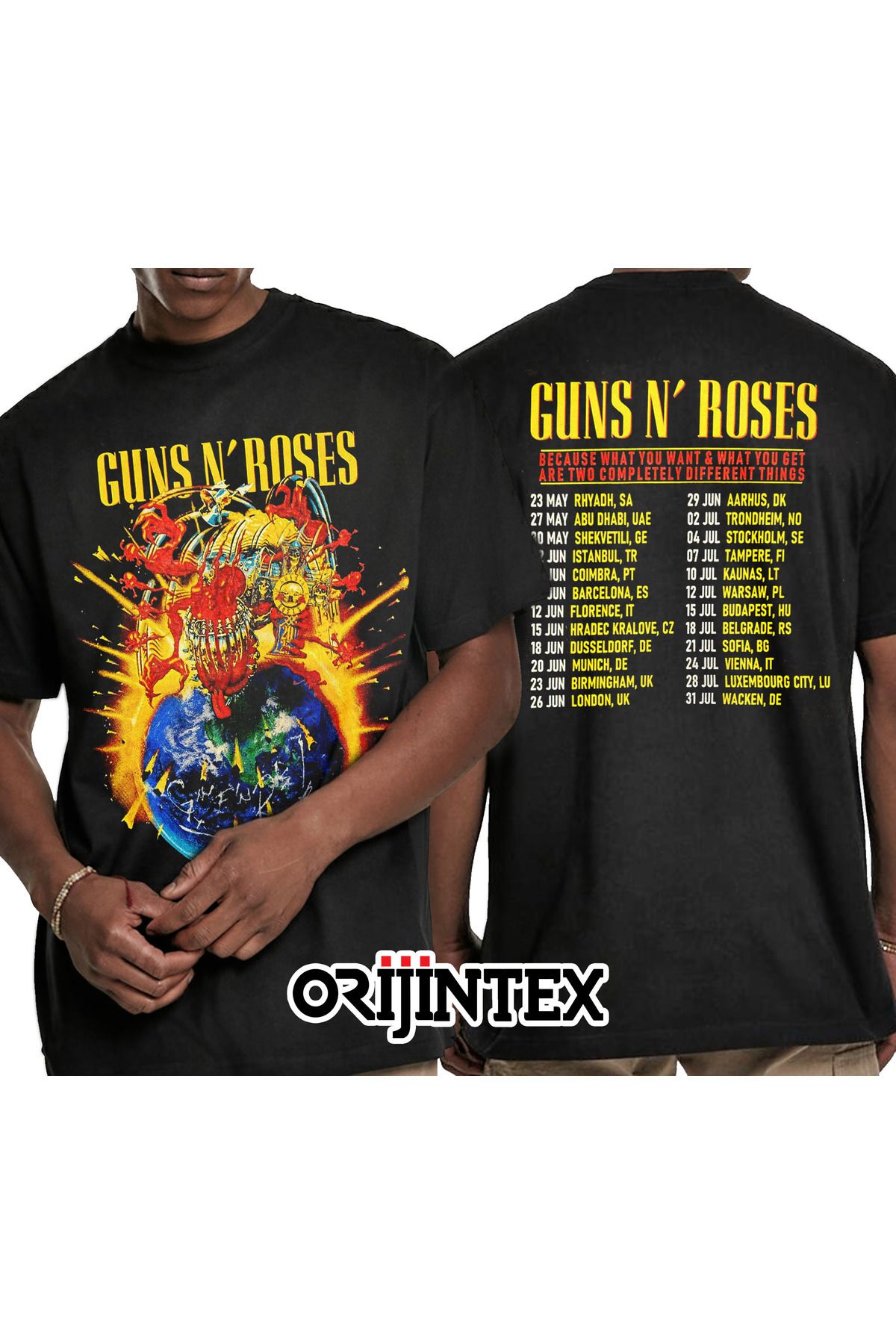orijintex Guns N Roses Concert Tour 2025 Special Ön Arka Baskılı Unisex Siyah Tshirt