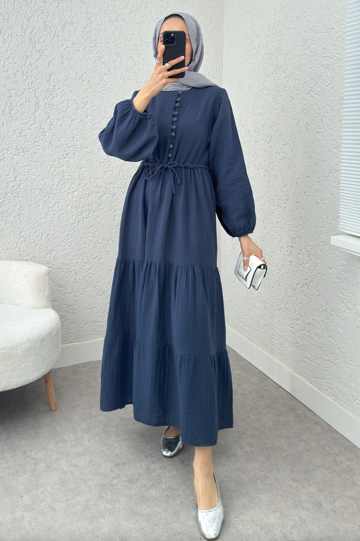 ALLMİRA FASHION Birit Düğme Detaylı Keten Elbise