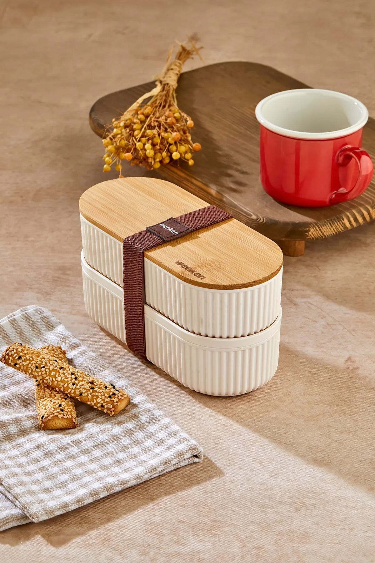 Eco Lounge Ahşap Kapaklı Lunch Box 2'li Set Diyet Beslenme Kutusu Bambu Saklama Kabı