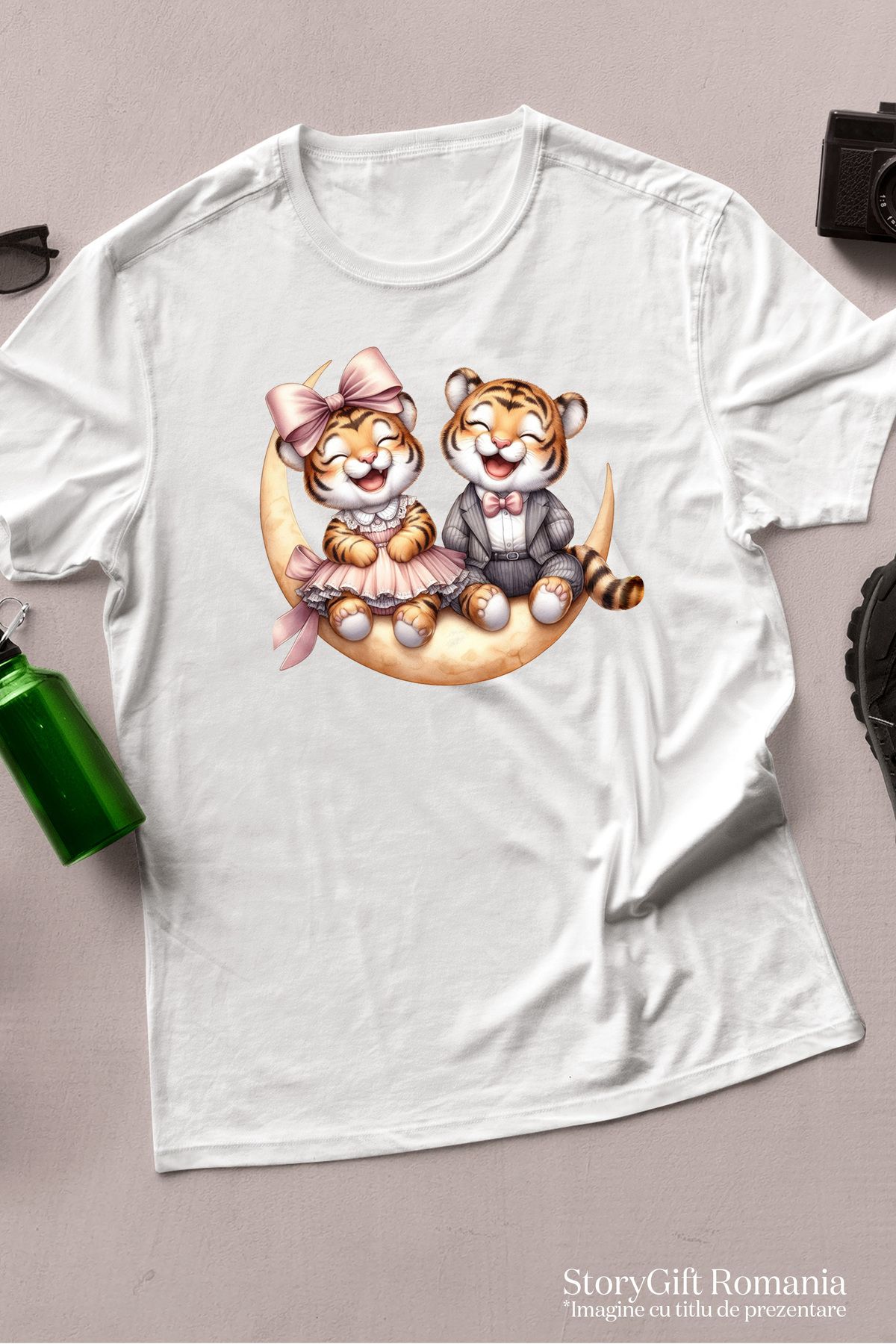 StoryGift Romania-Women's T-shirt with 2 laughing tigers, illustration, having fun, friendship, affection, WHT_L 3