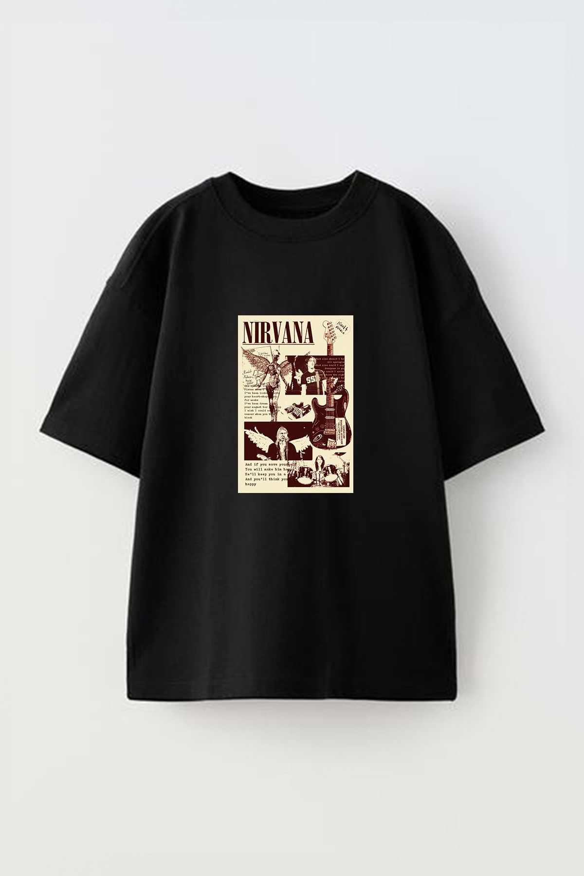 Anetos Nirvana Post Ön Baskılı Pamuk Siyah Oversize T-shirt