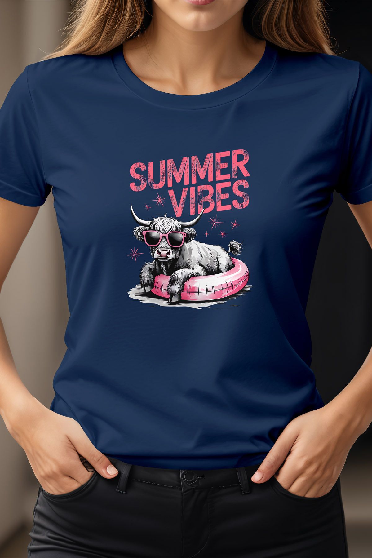 qoeuyl boutique Summer Vibes Cow Baskılı Unisex Regular Fit Pamuklu Lacivert Tişört