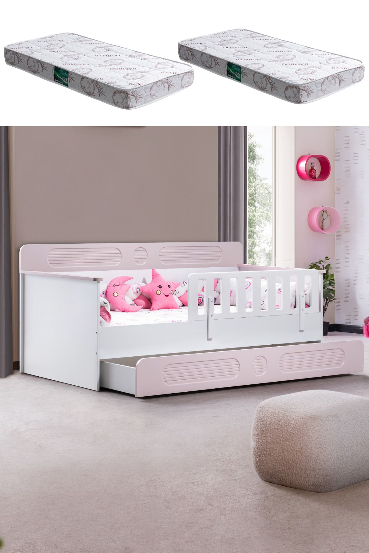 Setay Yavrulu Karyola, Flora Yavrulu Montessori Karyola - Pembe + 2 Adet Comfort Yatak